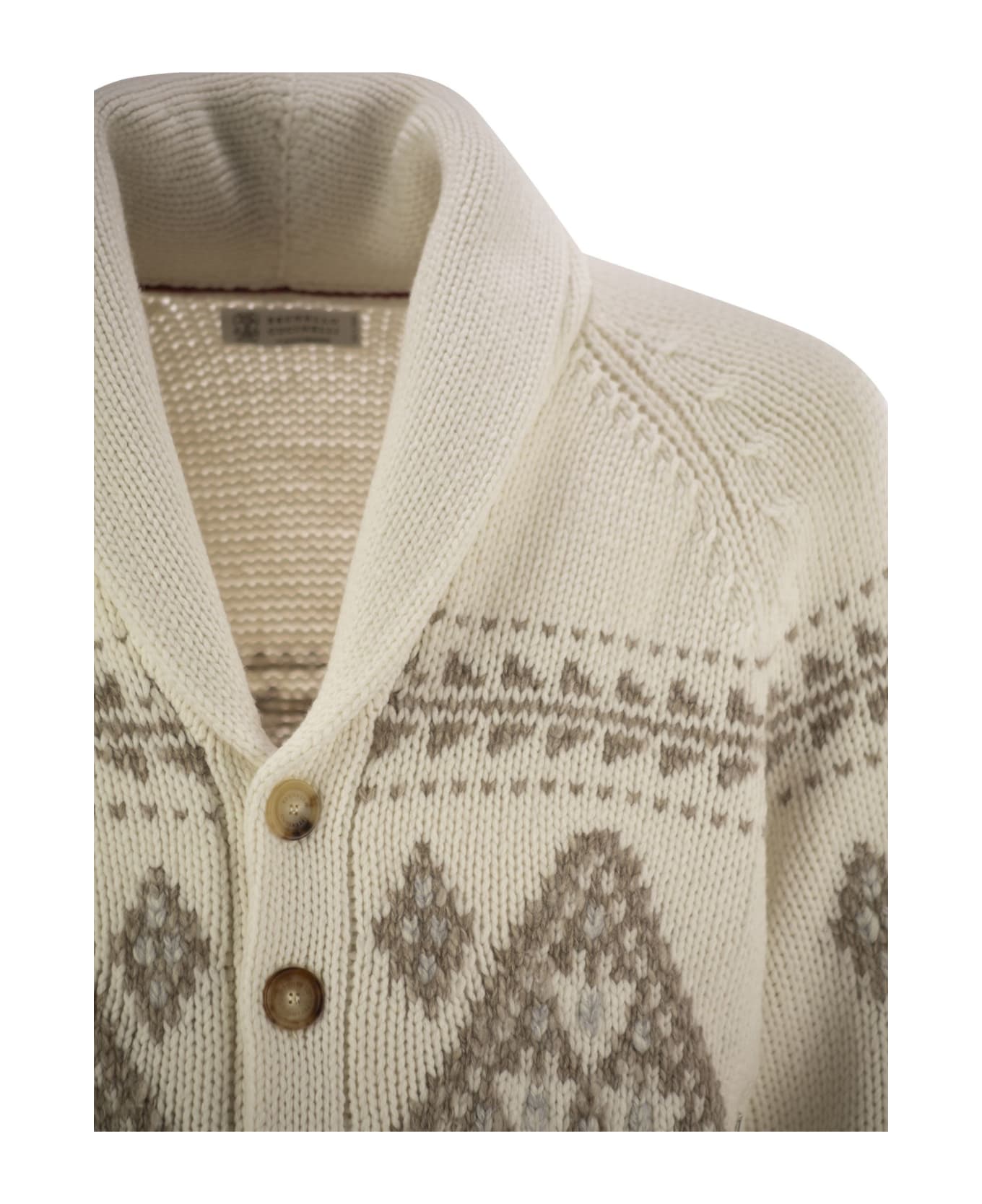 Brunello Cucinelli Geometric Jacquard Cashmere Feather Cardigan With