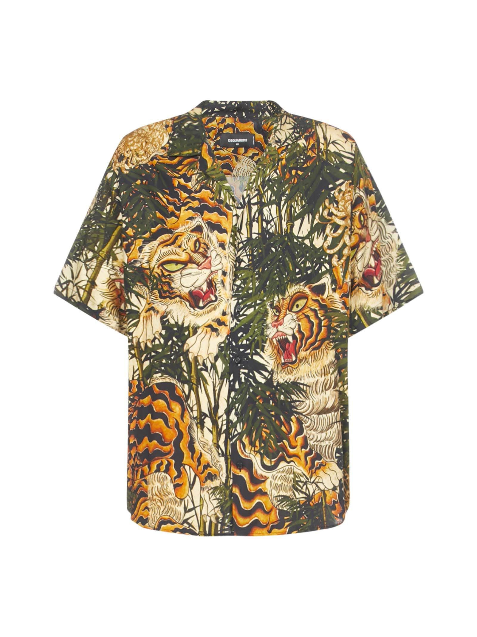 tiger bamboo print cotton bowling shirt in green