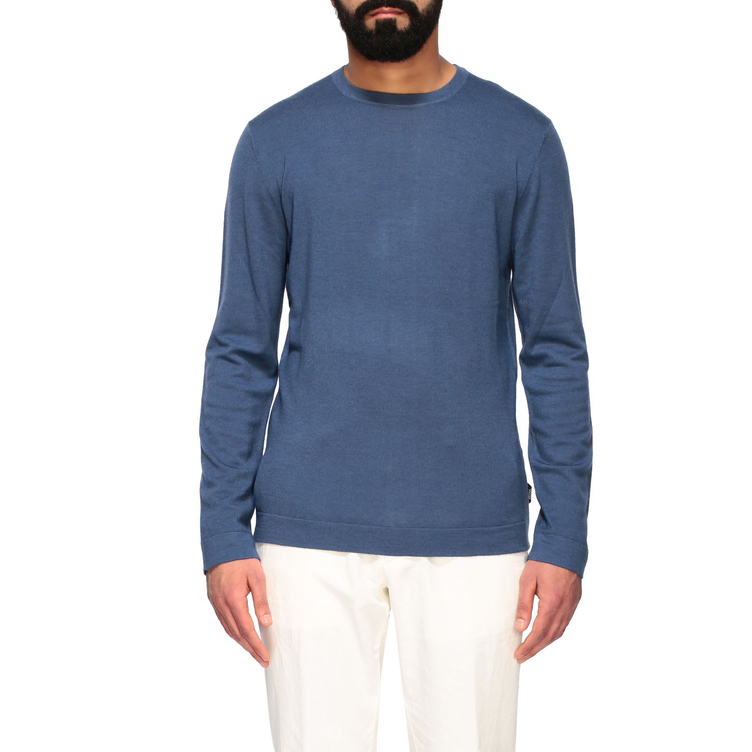 crew neck sweater in washed garment dyed wool in gnawed blue