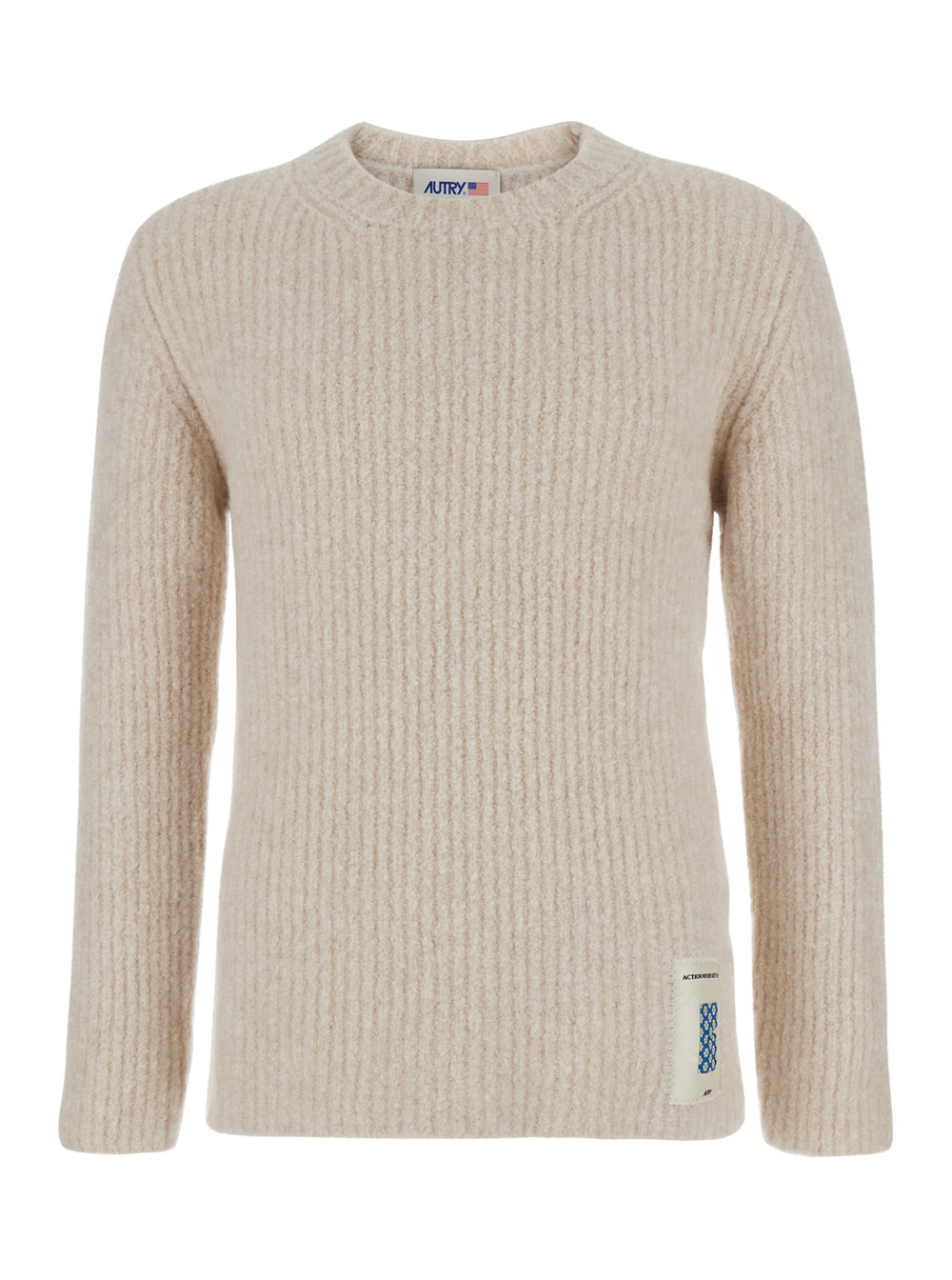 Beige Crewneck Sweater With Logo Patch In Fabric Man