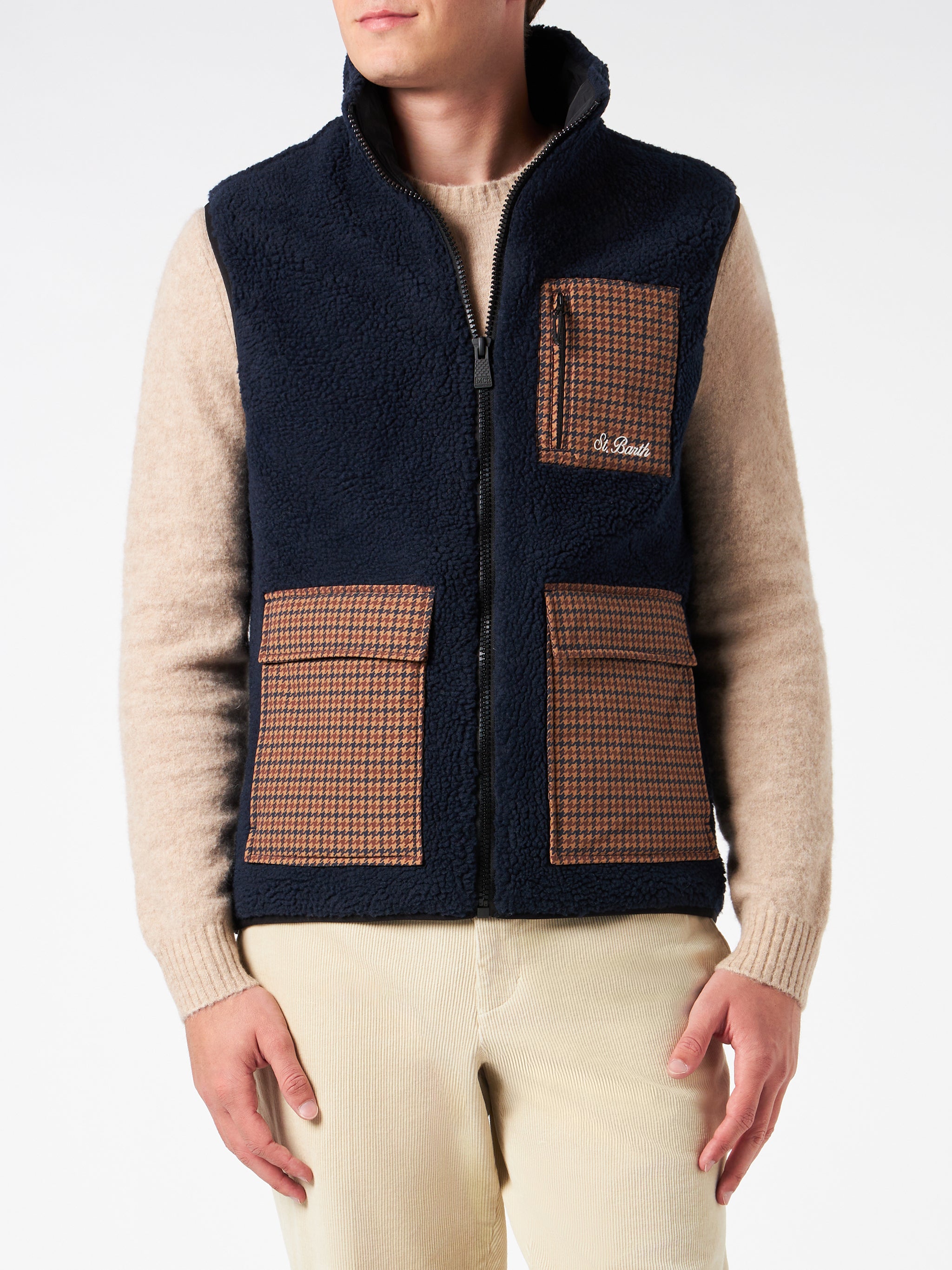 Man Blue Sherpa Vest Jacket With Check Patch Pockets