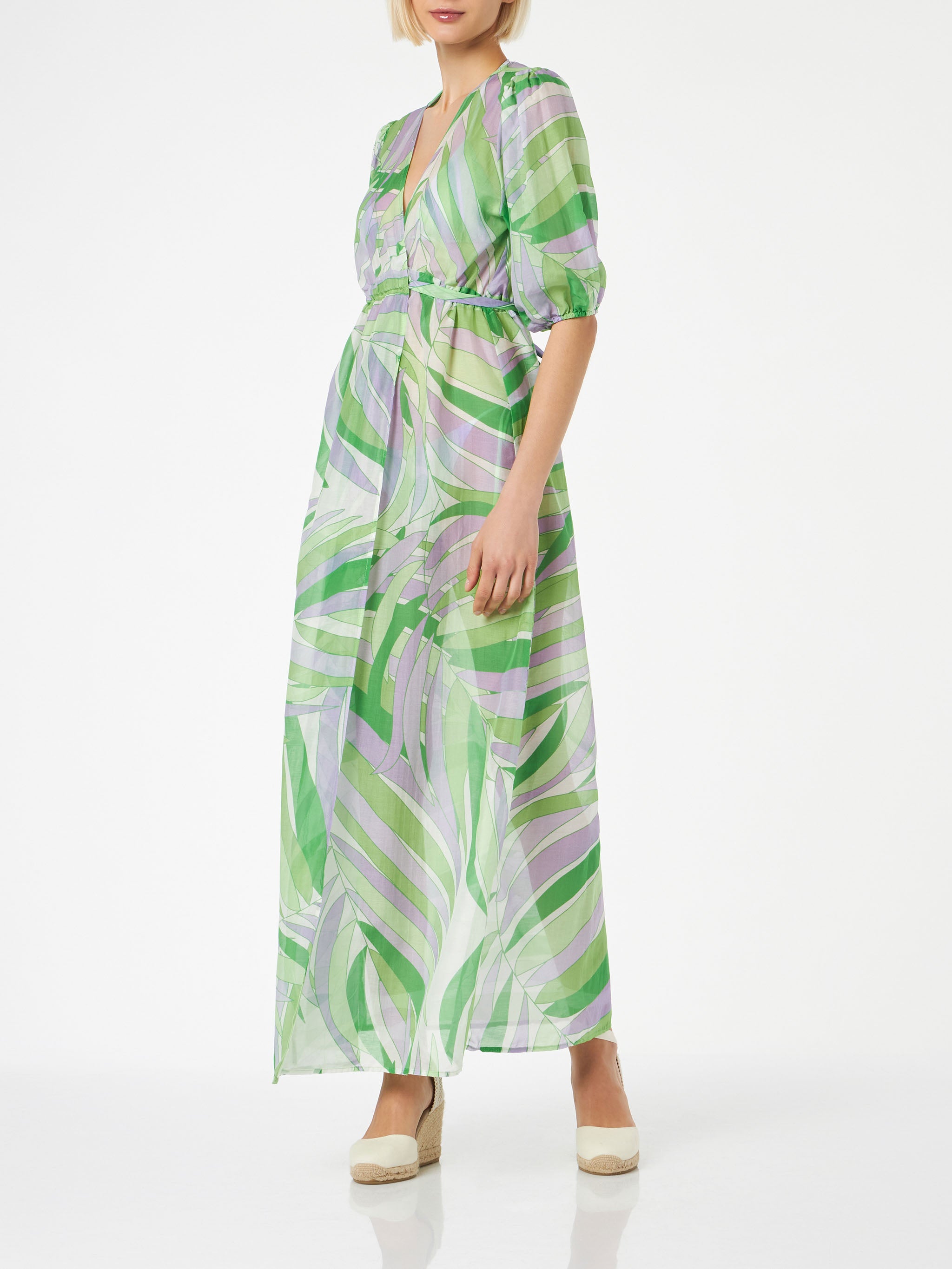 Cotton And Silk Long Dress Bliss With Palm Print