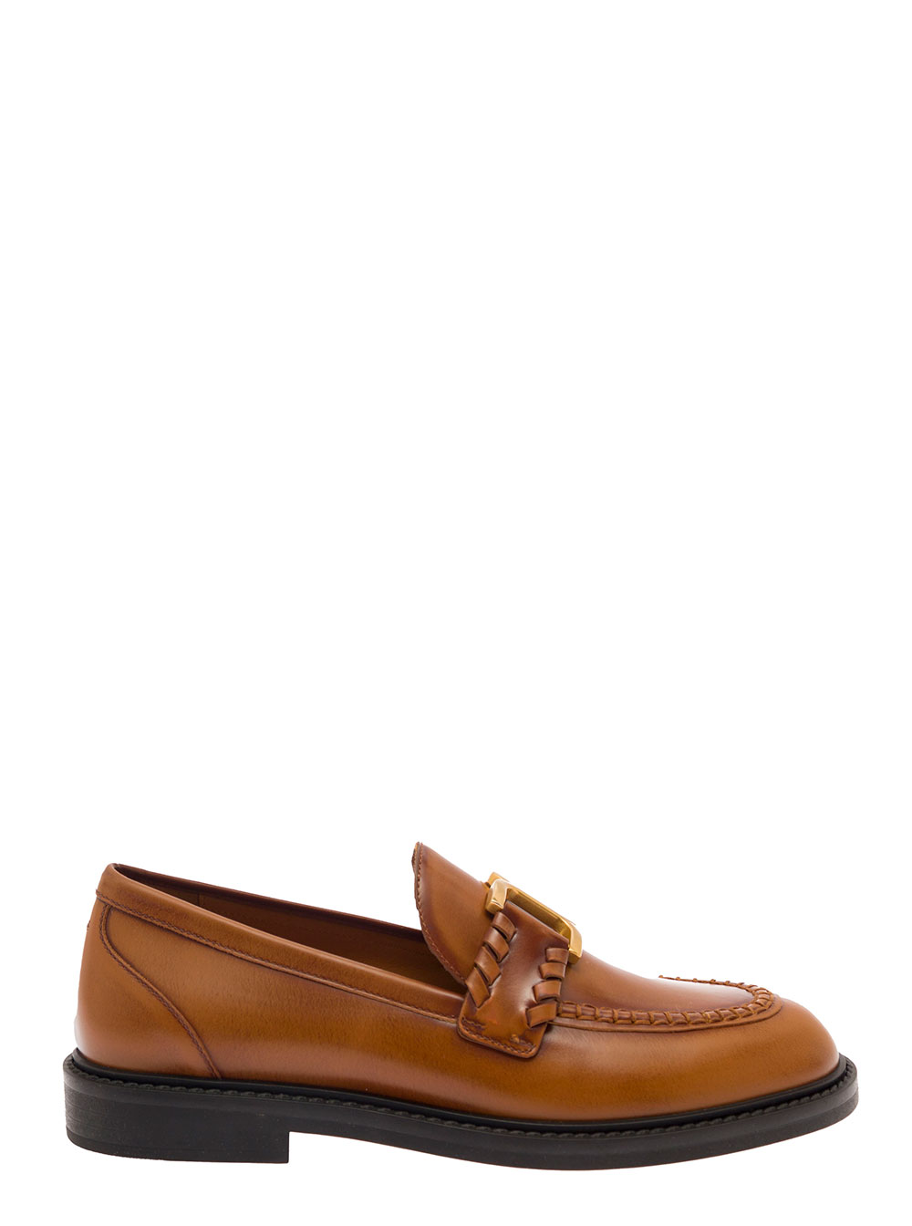 Chloé marcie Brown Loafers With Gold-colored Metal Logo In Smooth Leather Woman