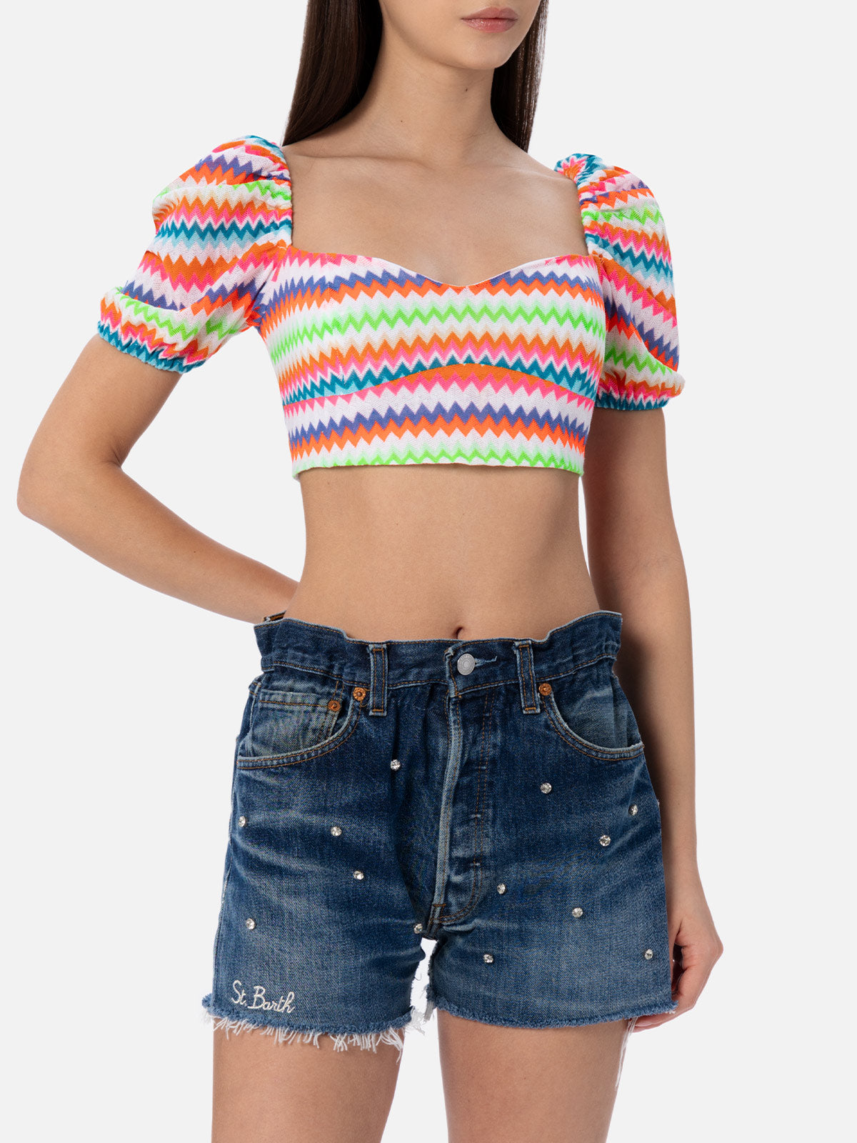 Woman Raschel Knit Cropped Top