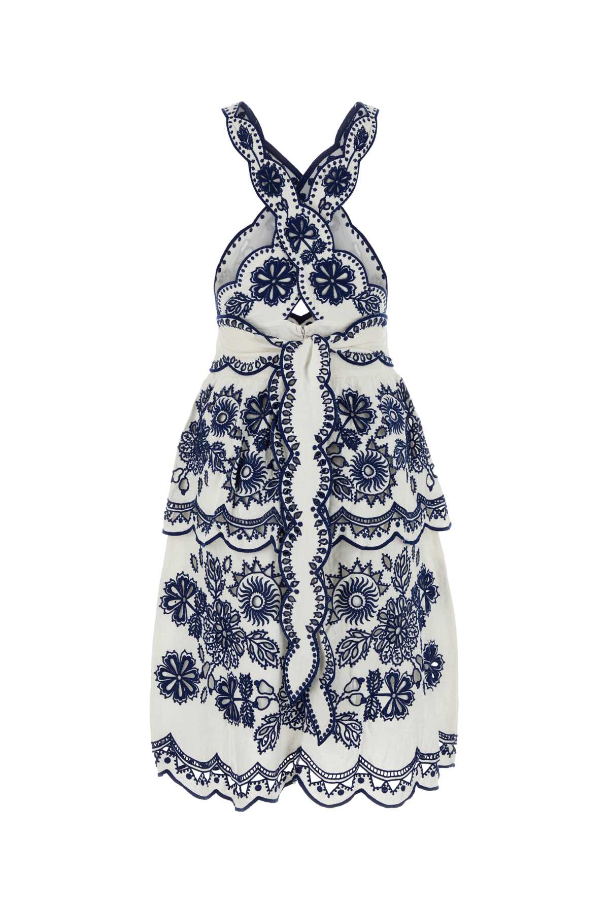 FARM RIO EMBROIDERED LINEN BLEND RICHELIEU DRESS 