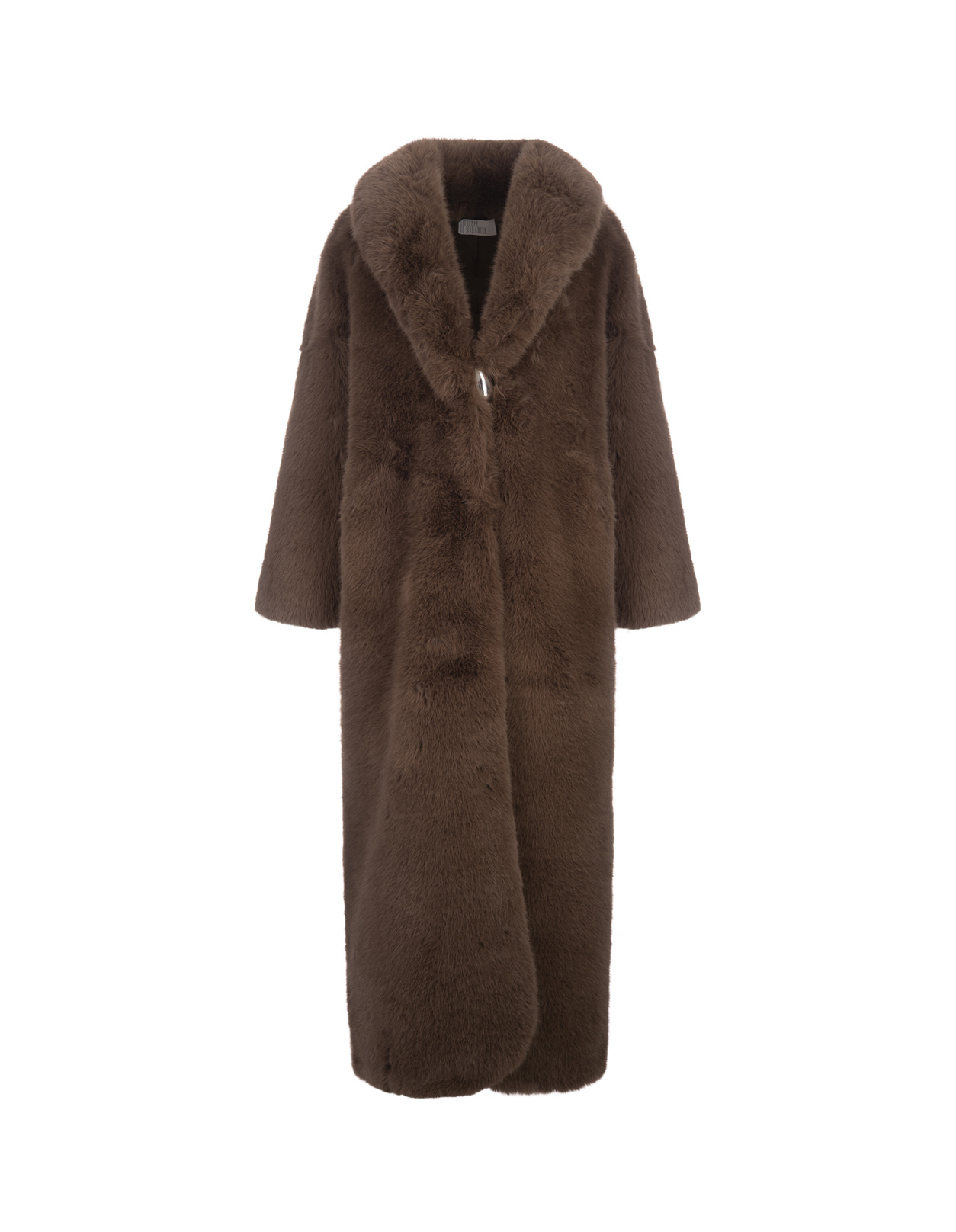 Long Brown Faux Fur Coat With Brooch