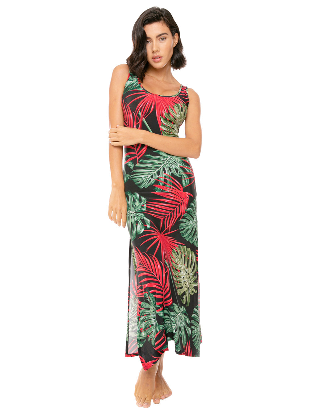 Long Tank Dress Vintage Leaves Print