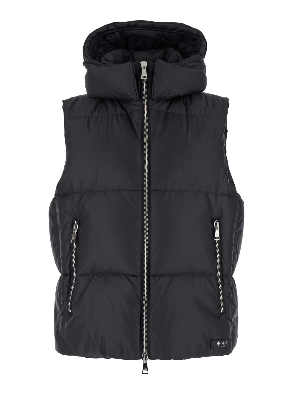 melko Black Sleeveless Down Jacket With Hood And Logo Patch In Tech Fabric Man