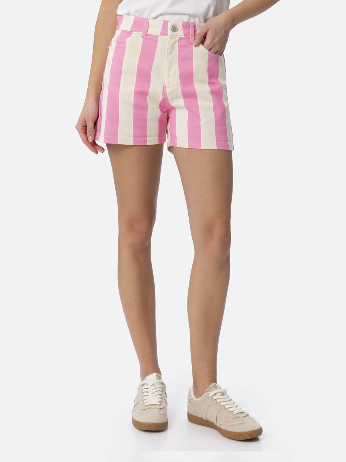 Woman Pink Striped Print Denim Bermuda Cancun