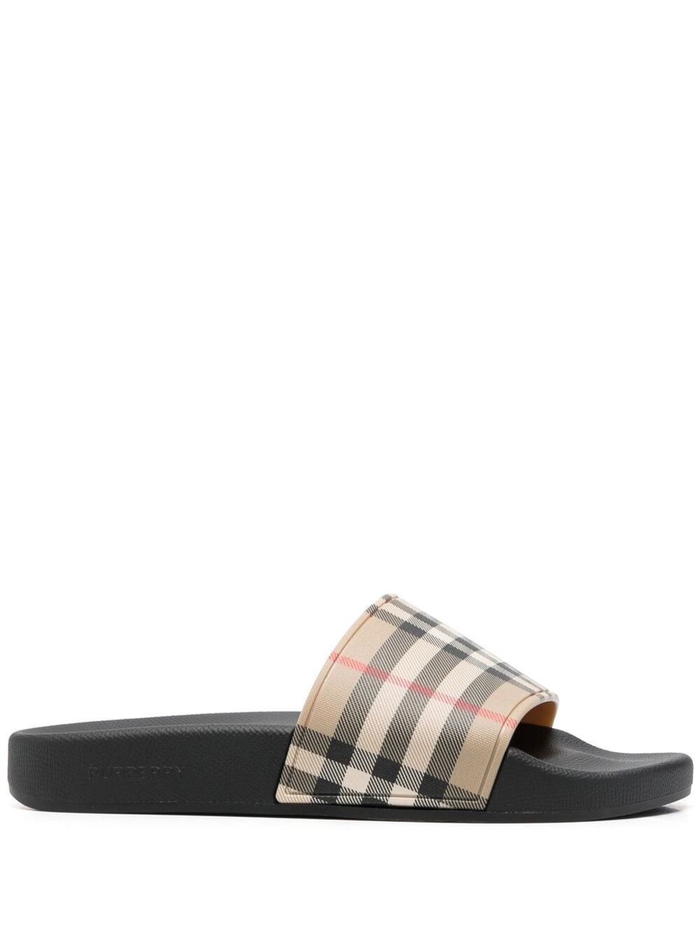 Brown Slides Sandals With Vintage Check Motif In Polyurethane