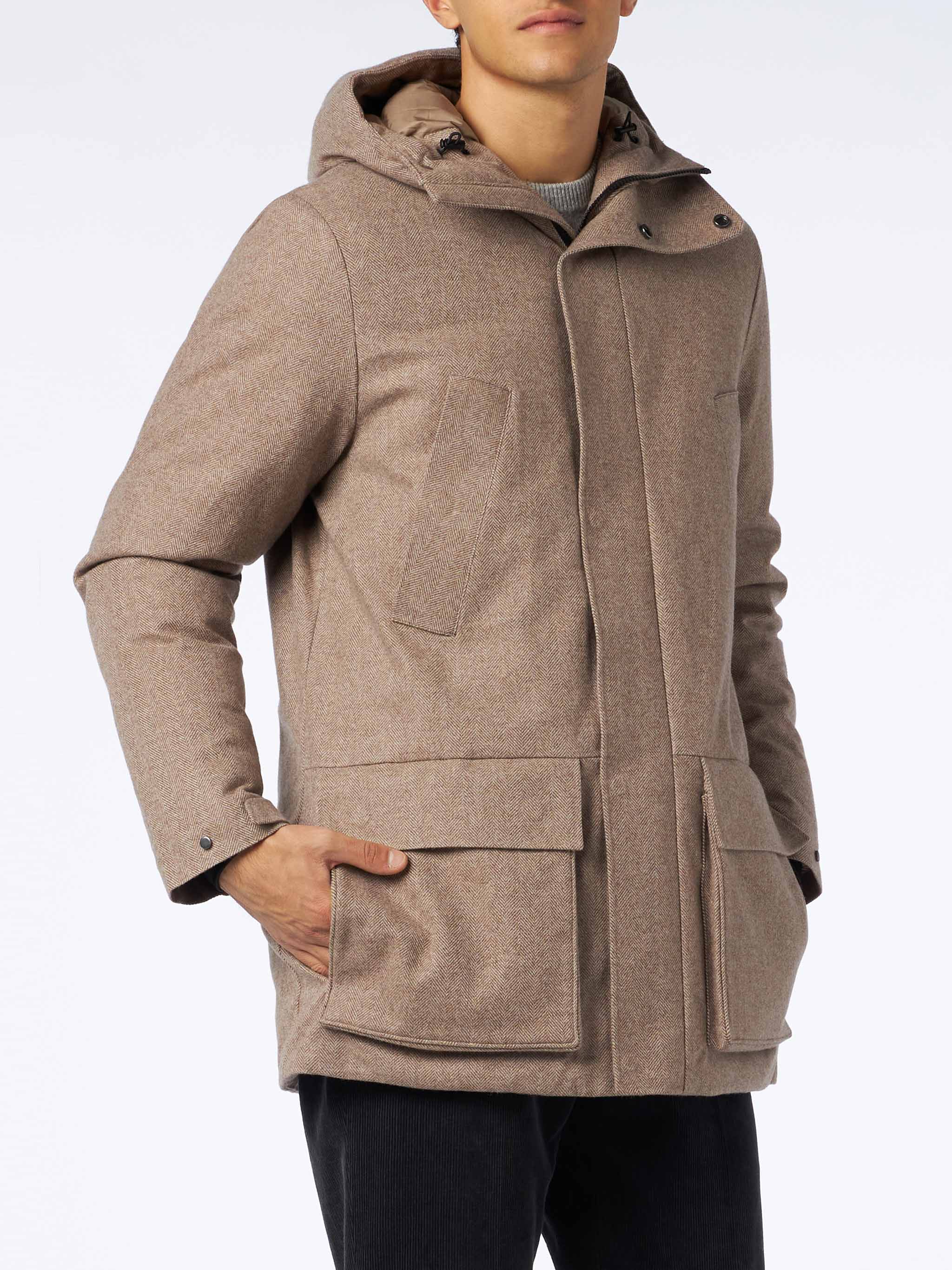 Man Hooded Parka With Herringbone Print