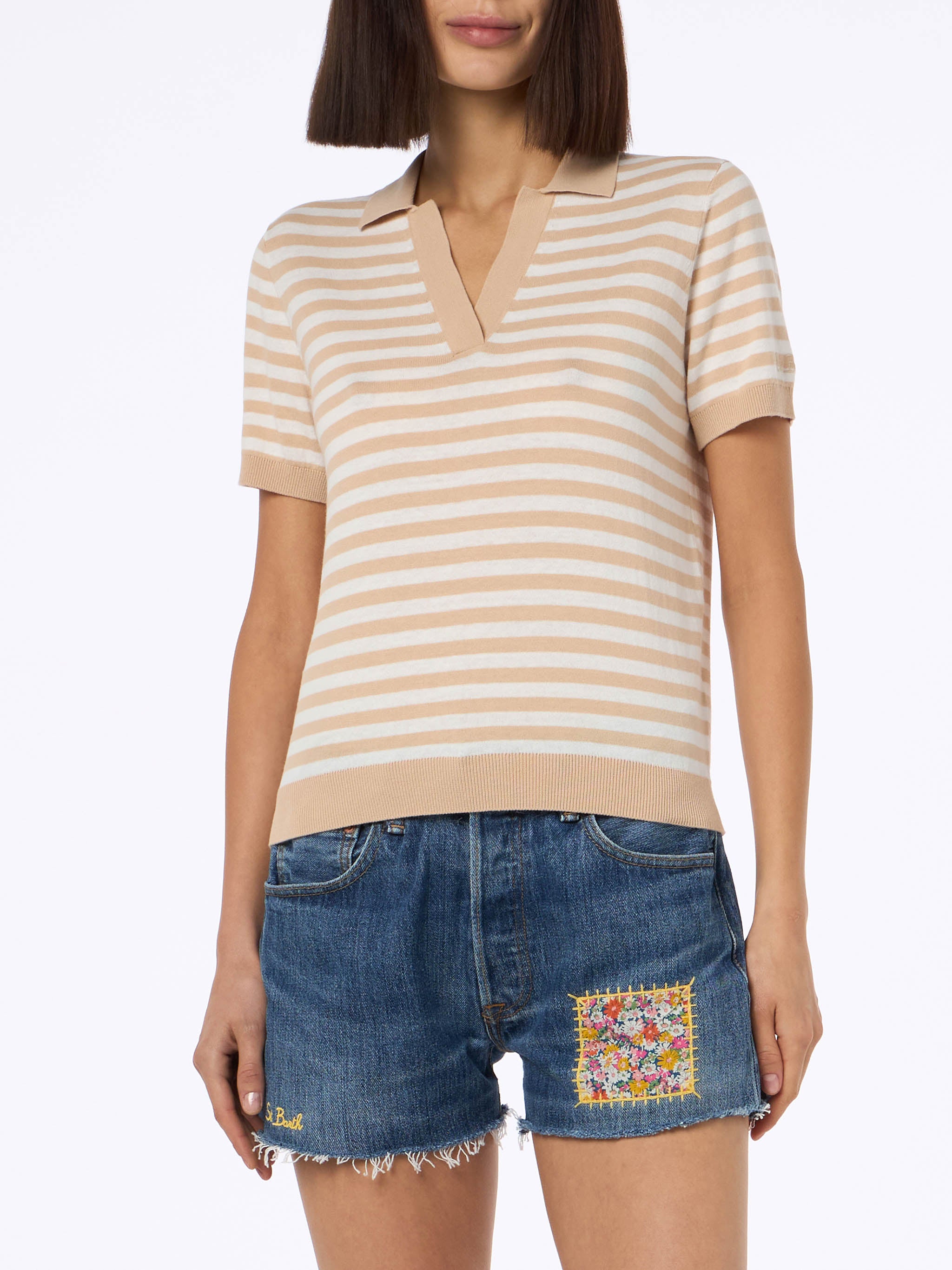 Woman Beige Striped Knitted Polo Evonne