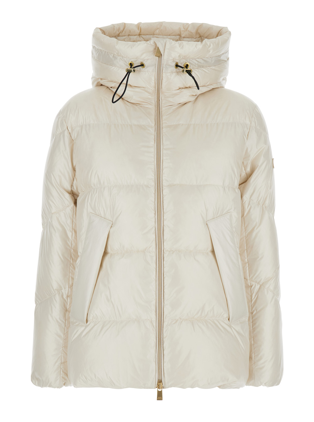 larali White Down Jacket With Drawstring Hood And Logo Patch In Tech Fabric Woman