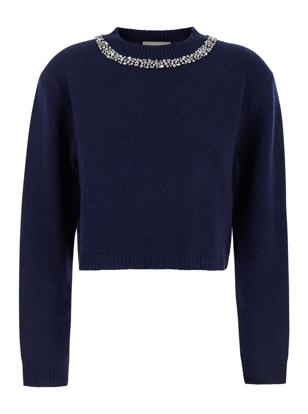 Blue Crewneck Sweater With Crystal Embellishments On The Neck In Wool And Cashmere Blend Woman