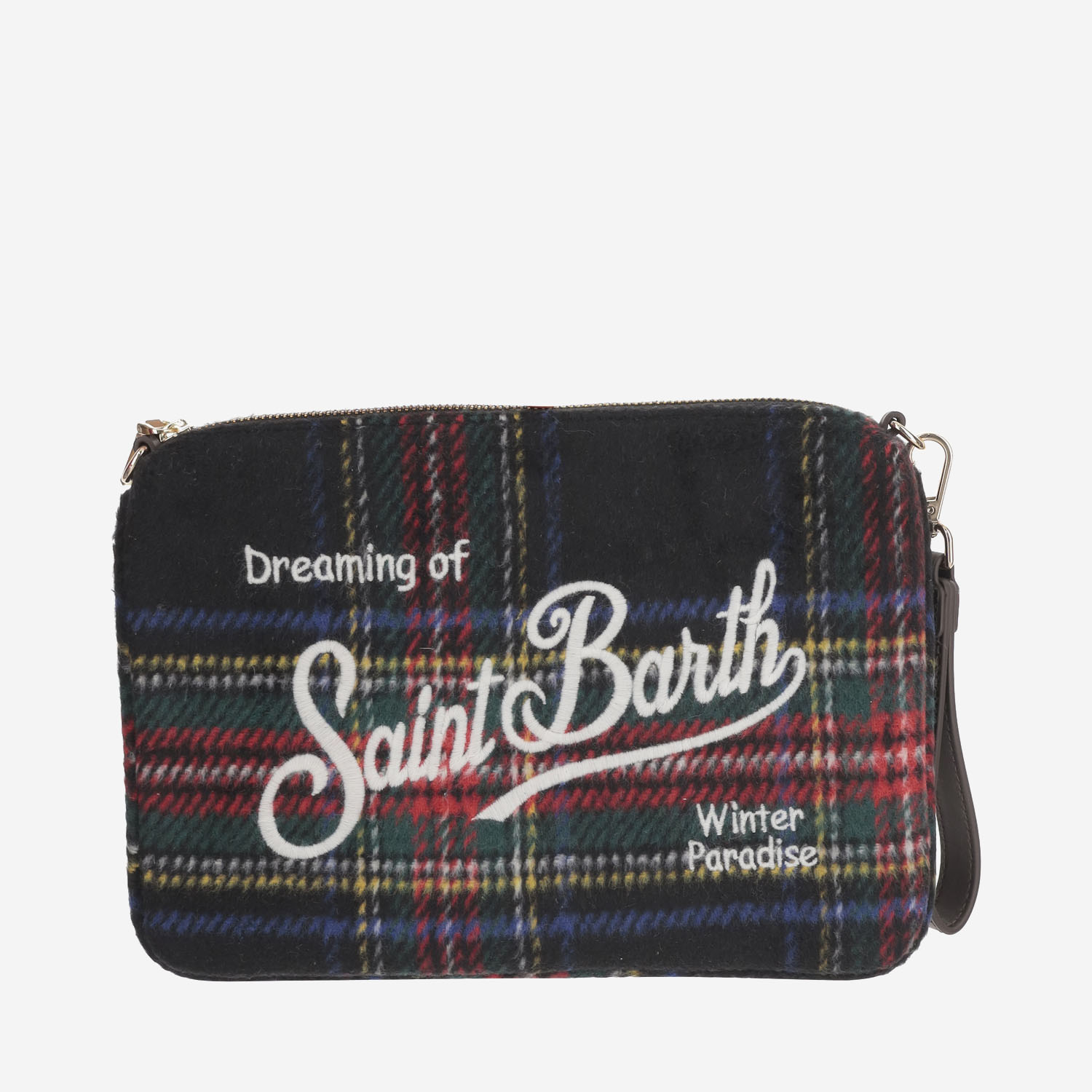 Wool Blend Clutch Bag With Check Pattern And Logo