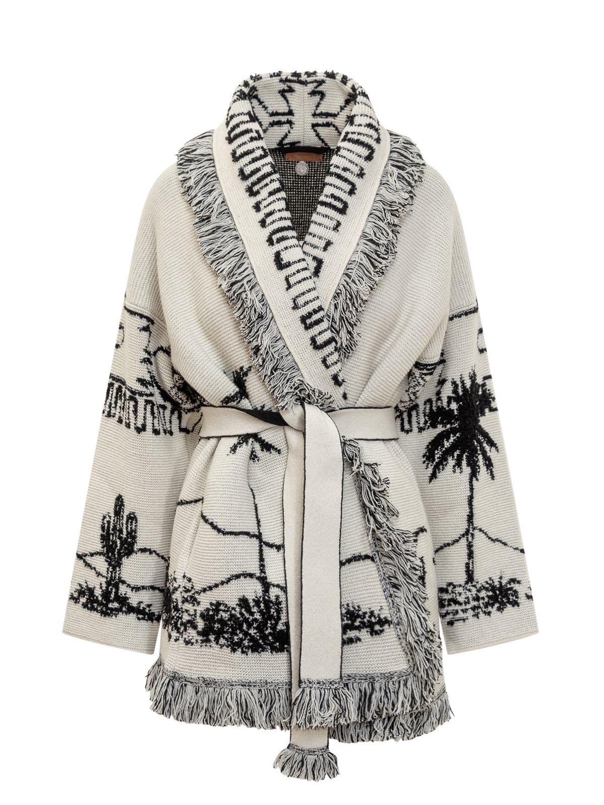 Pattern Jacquard Fringed Belted Cardigan