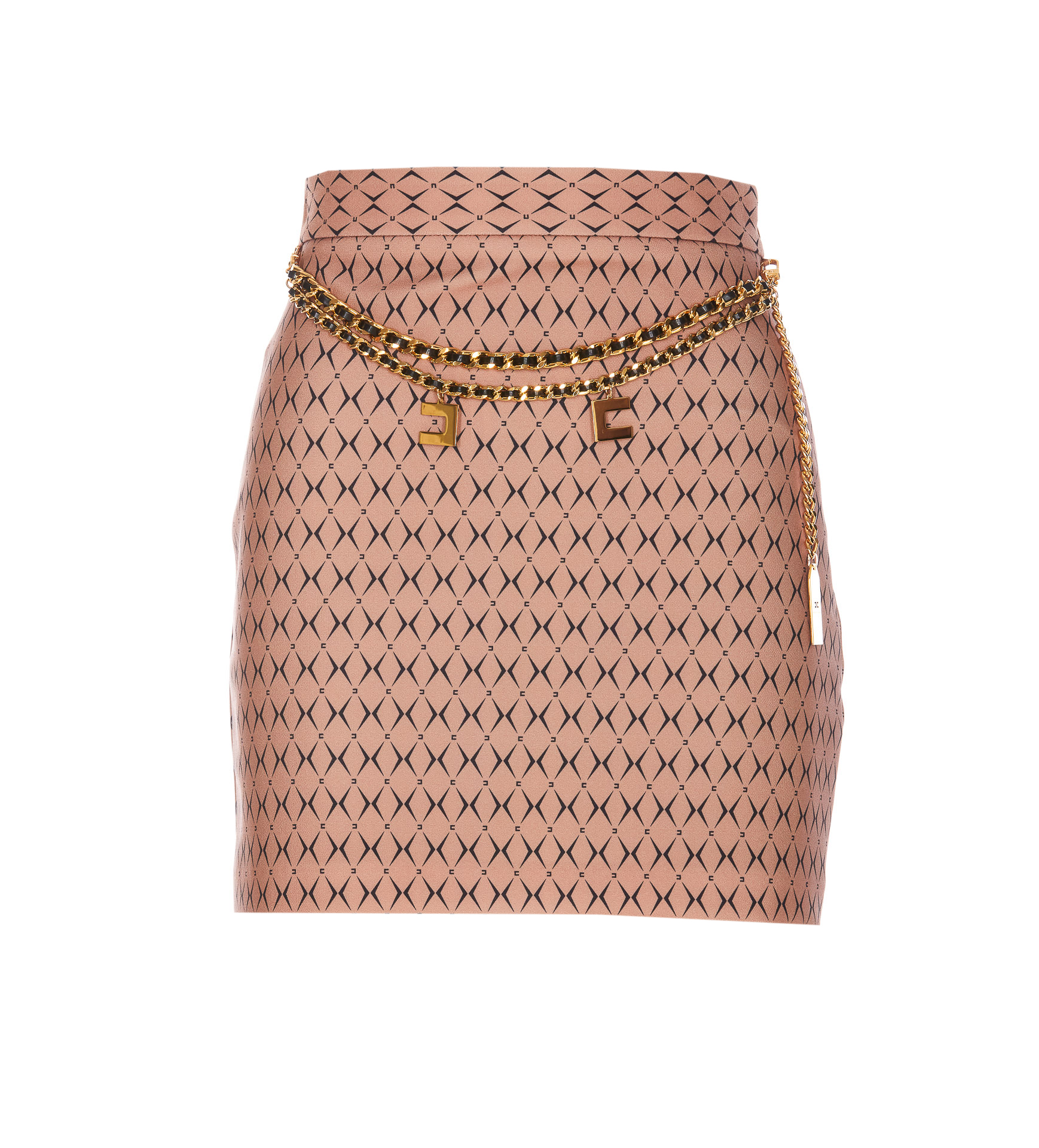 Crepe Diamond Print Mini Skirt With Chain