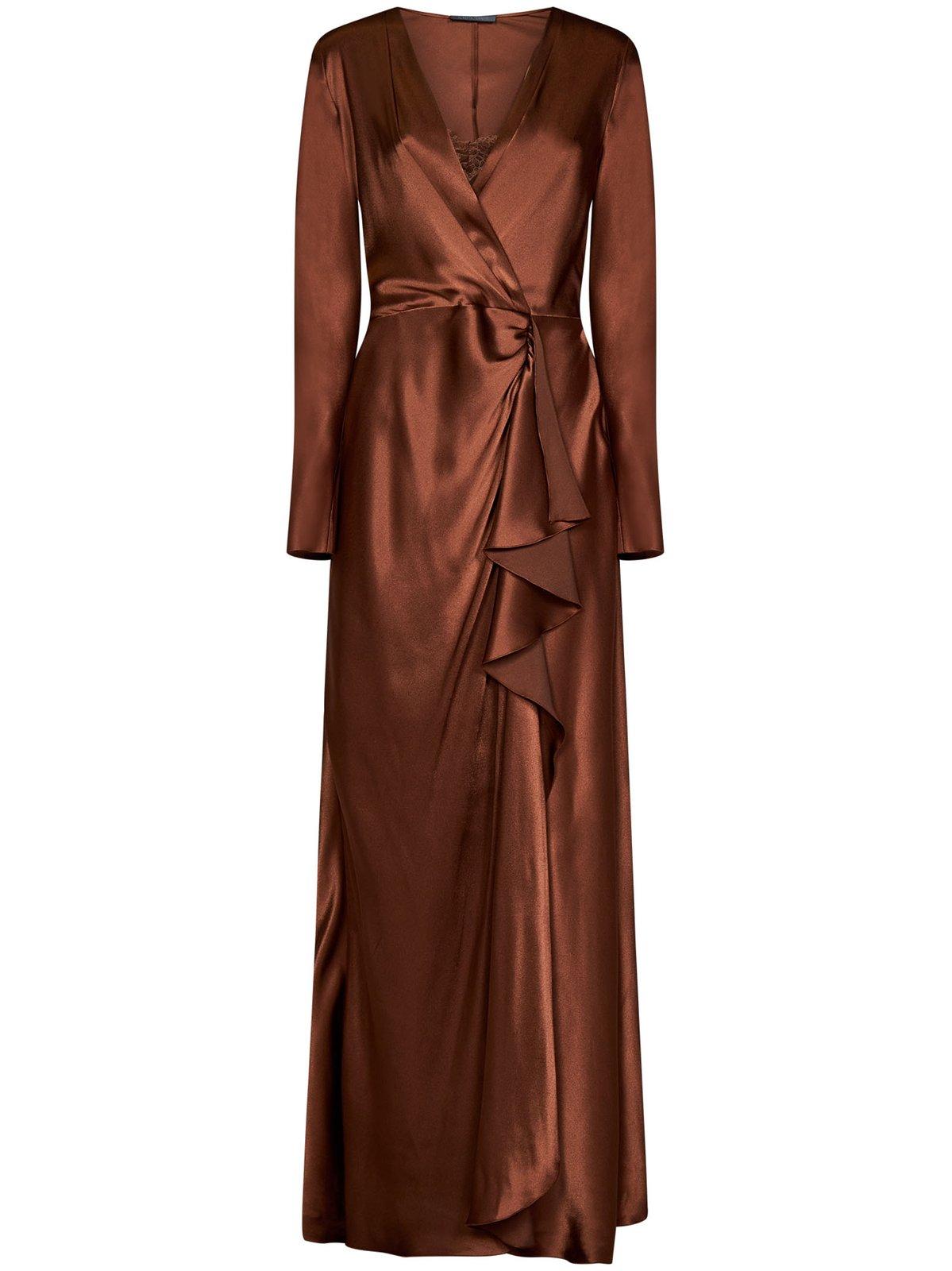 V-neck Draped Wrap-effect Satin Maxi Dress