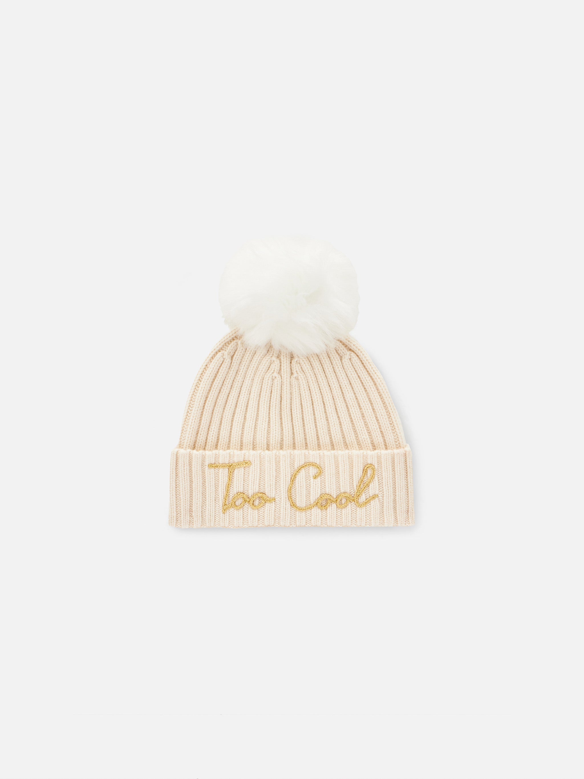 Woman White Beanie With Too Cool Embroidery And Pompon