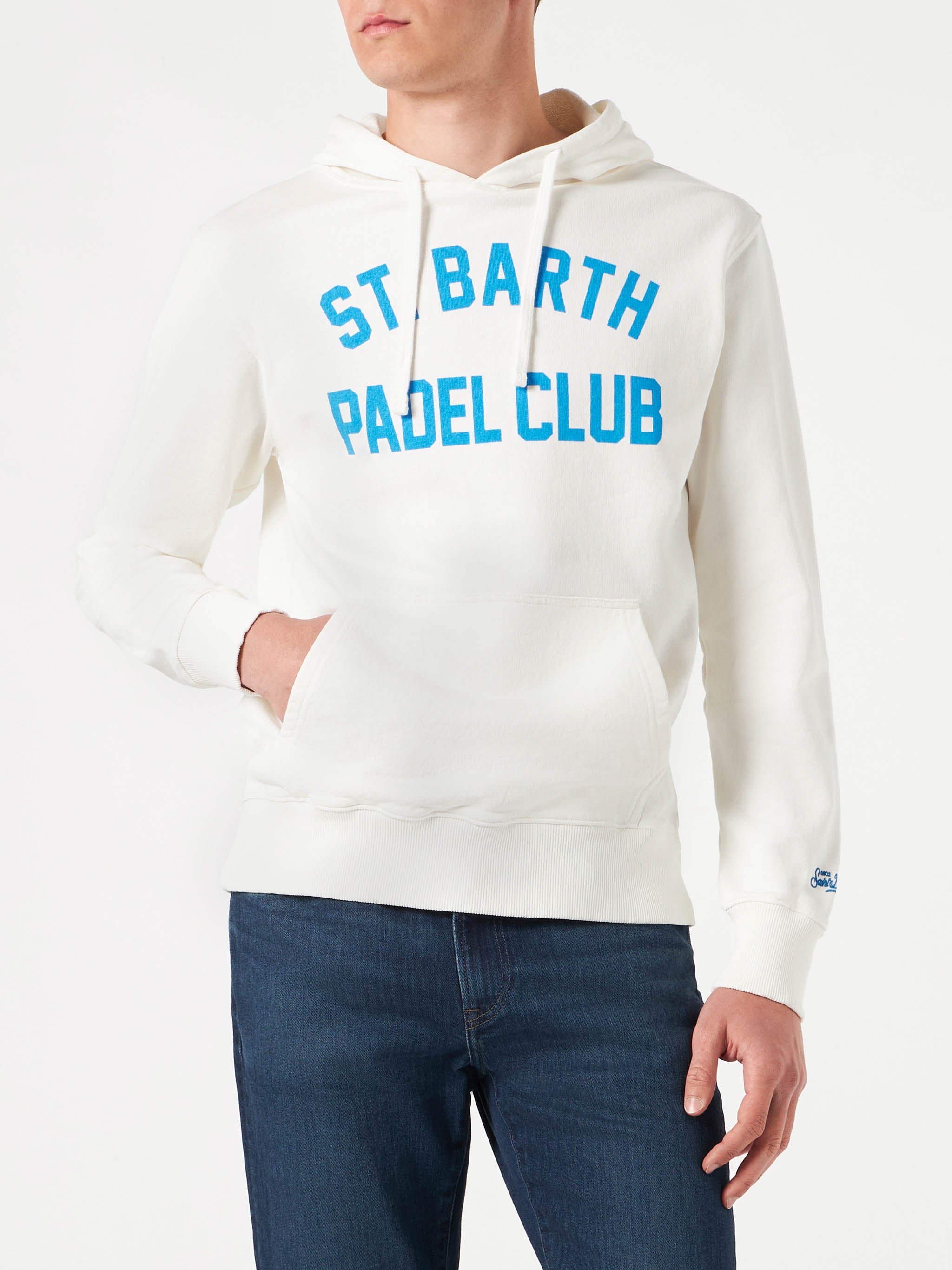 Man Cotton Hooded White Sweatshirt With Bluette St. Barth Padel Club Print