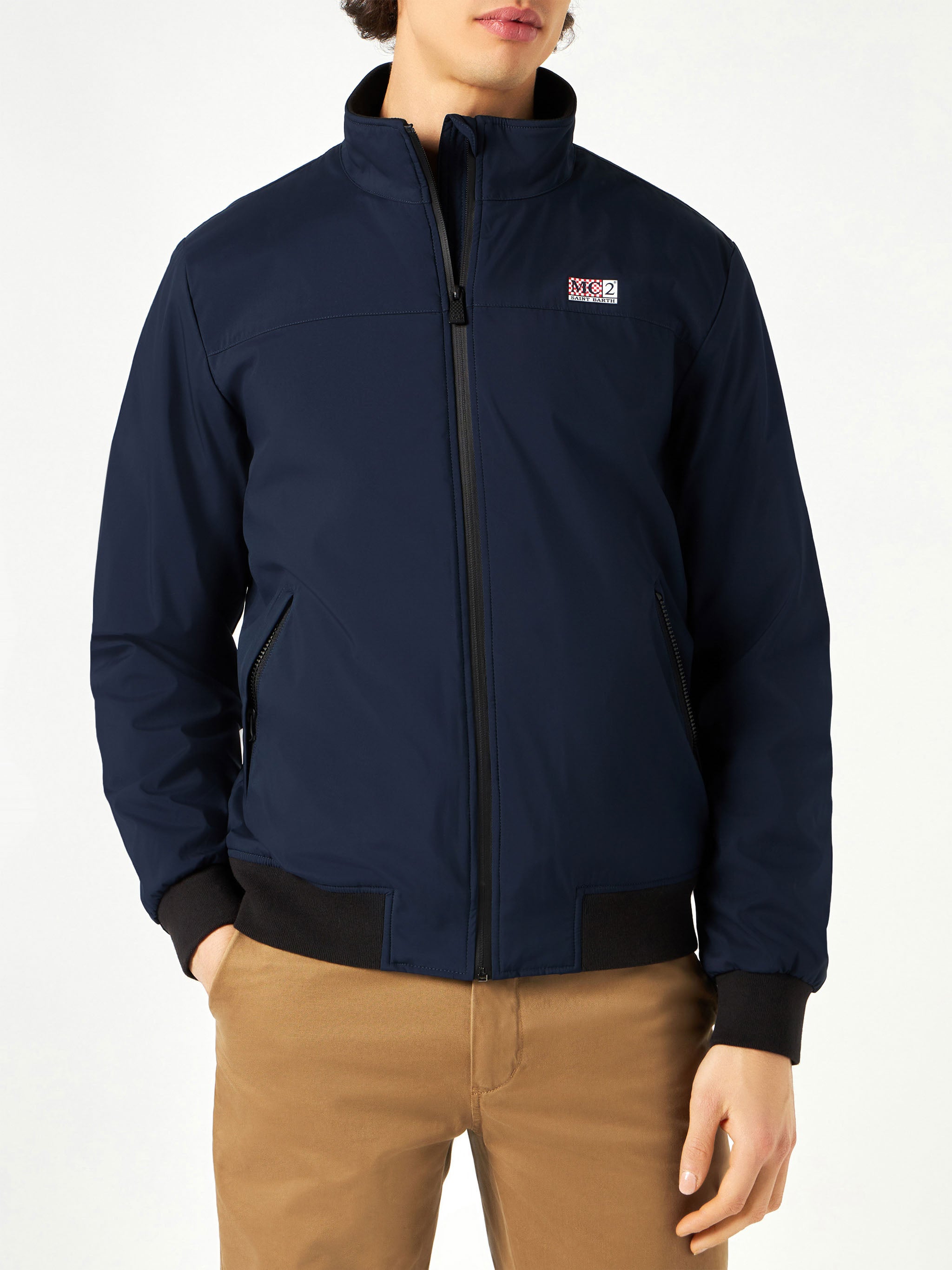 Man Blue Bomber Jacket With Furry Lining