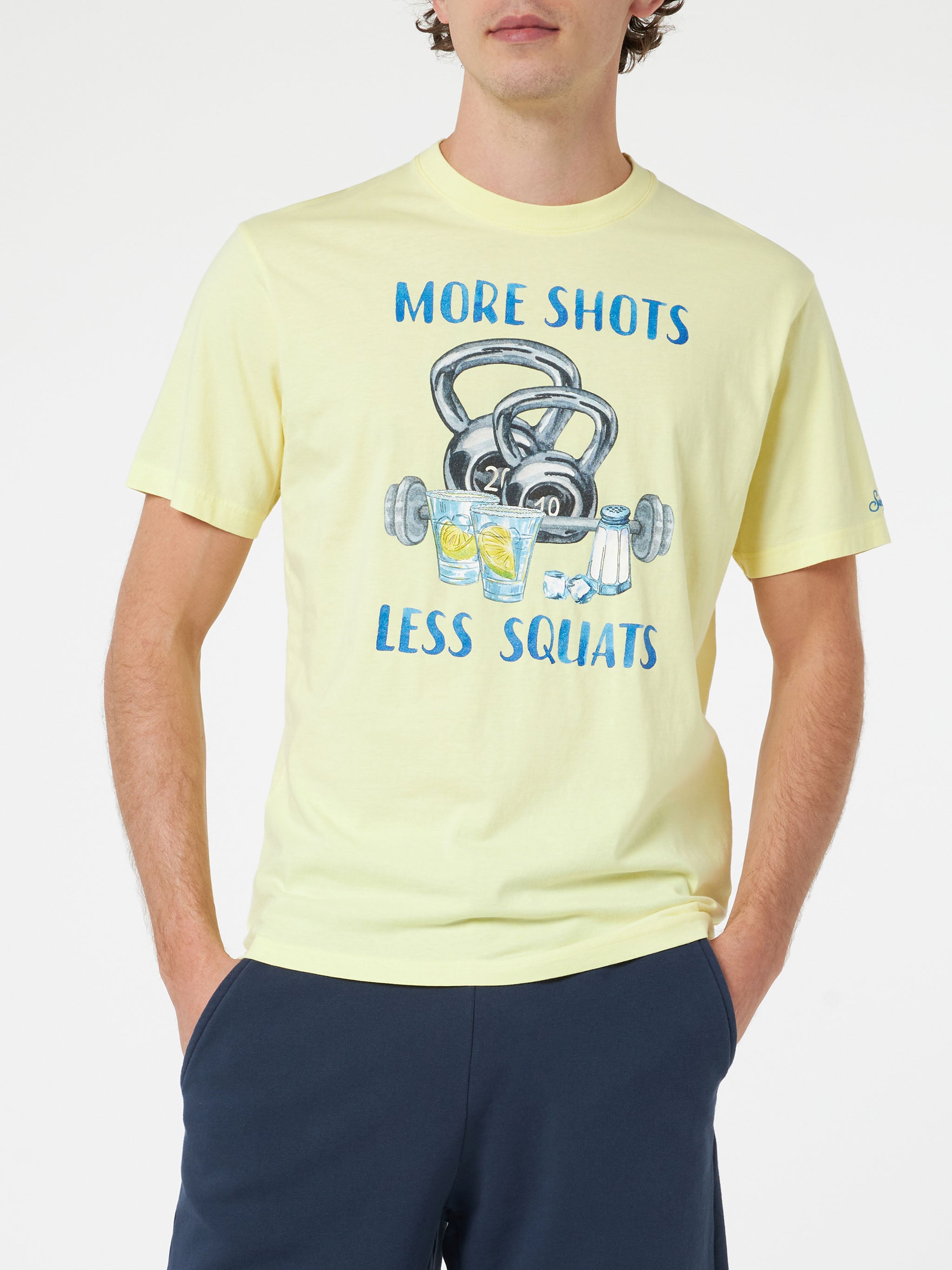 Man Cotton T-shirt With More Shots Less Squats Placed Print