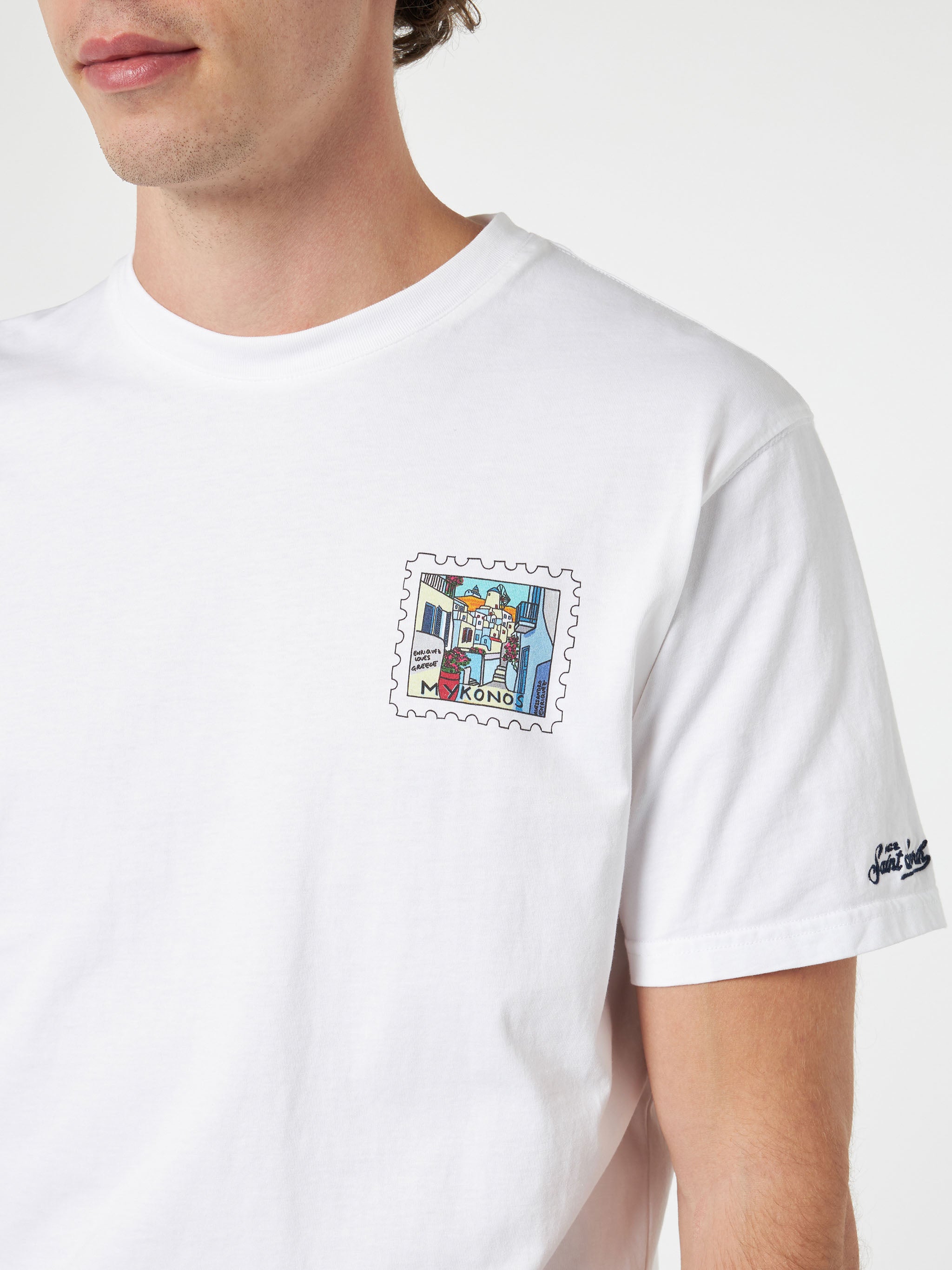 Man Cotton T-shirt With Mykonos Postcard Front And Back Print Alessandro Enriquez Special Edition