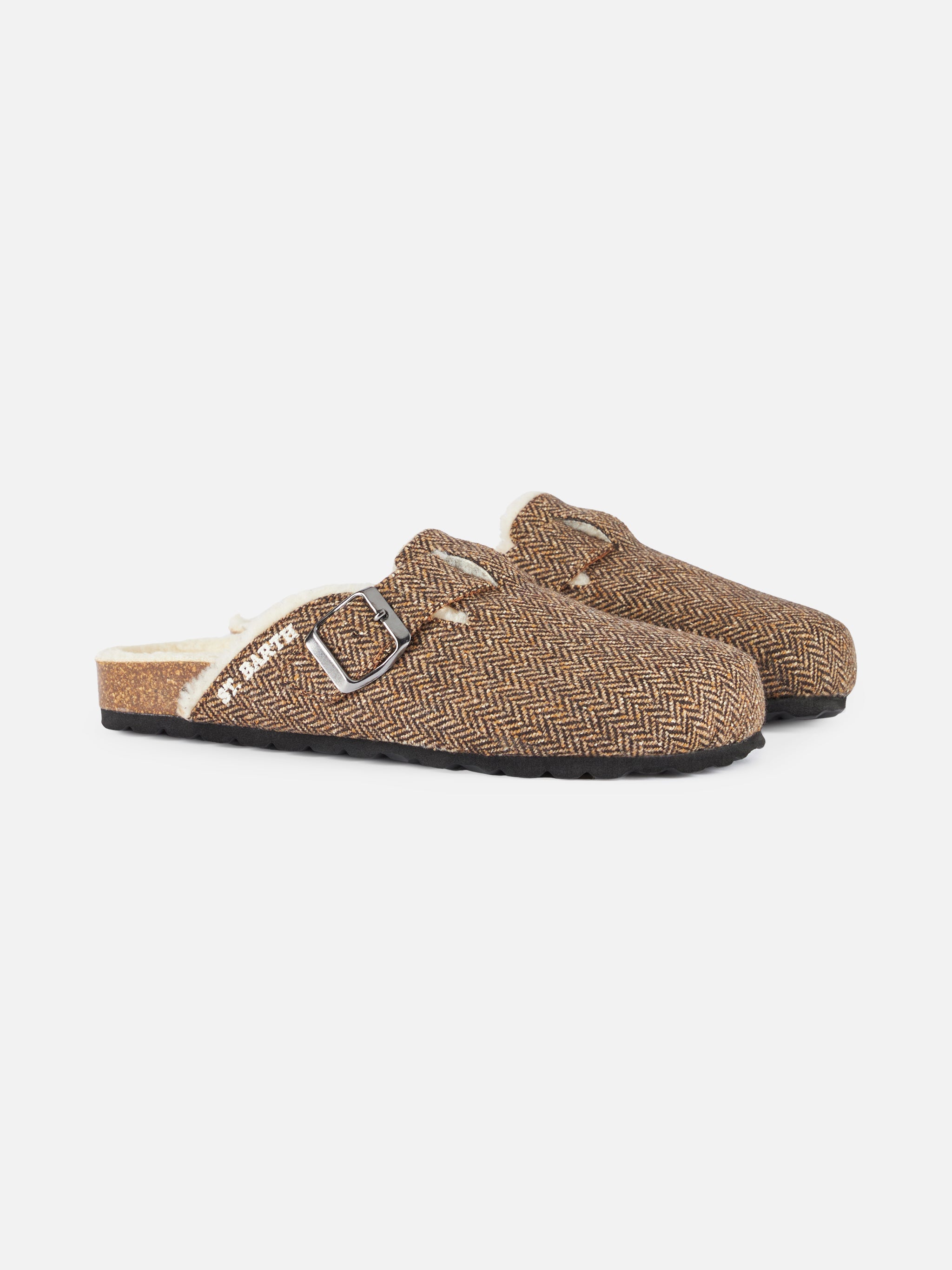 Woman Sandal Furry Clogs With Herringbone Print