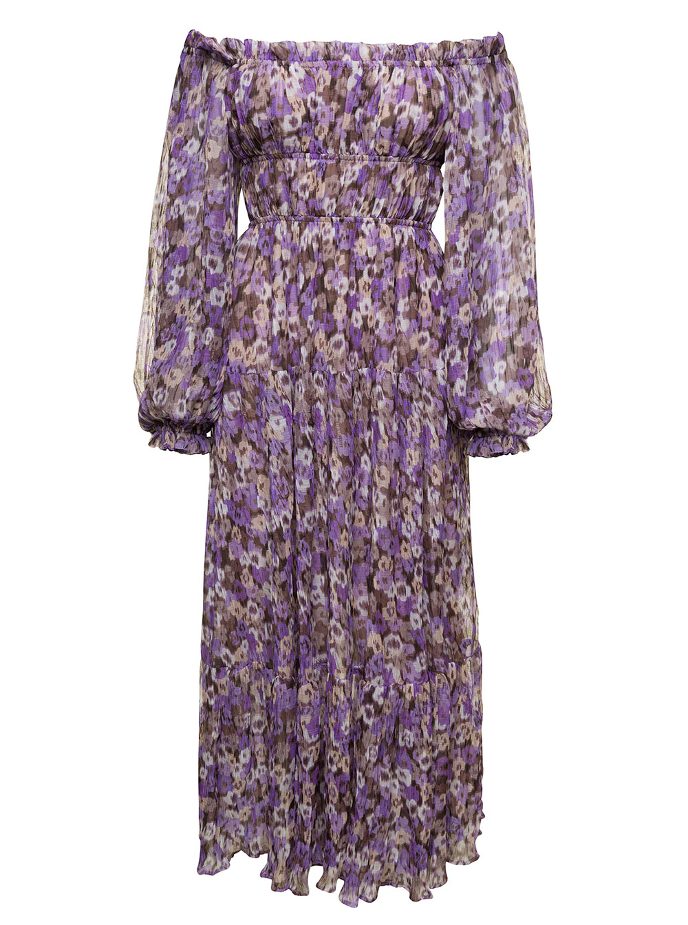 mary Purple Off-the-shoulders Long Dress With Floreal Print Woman