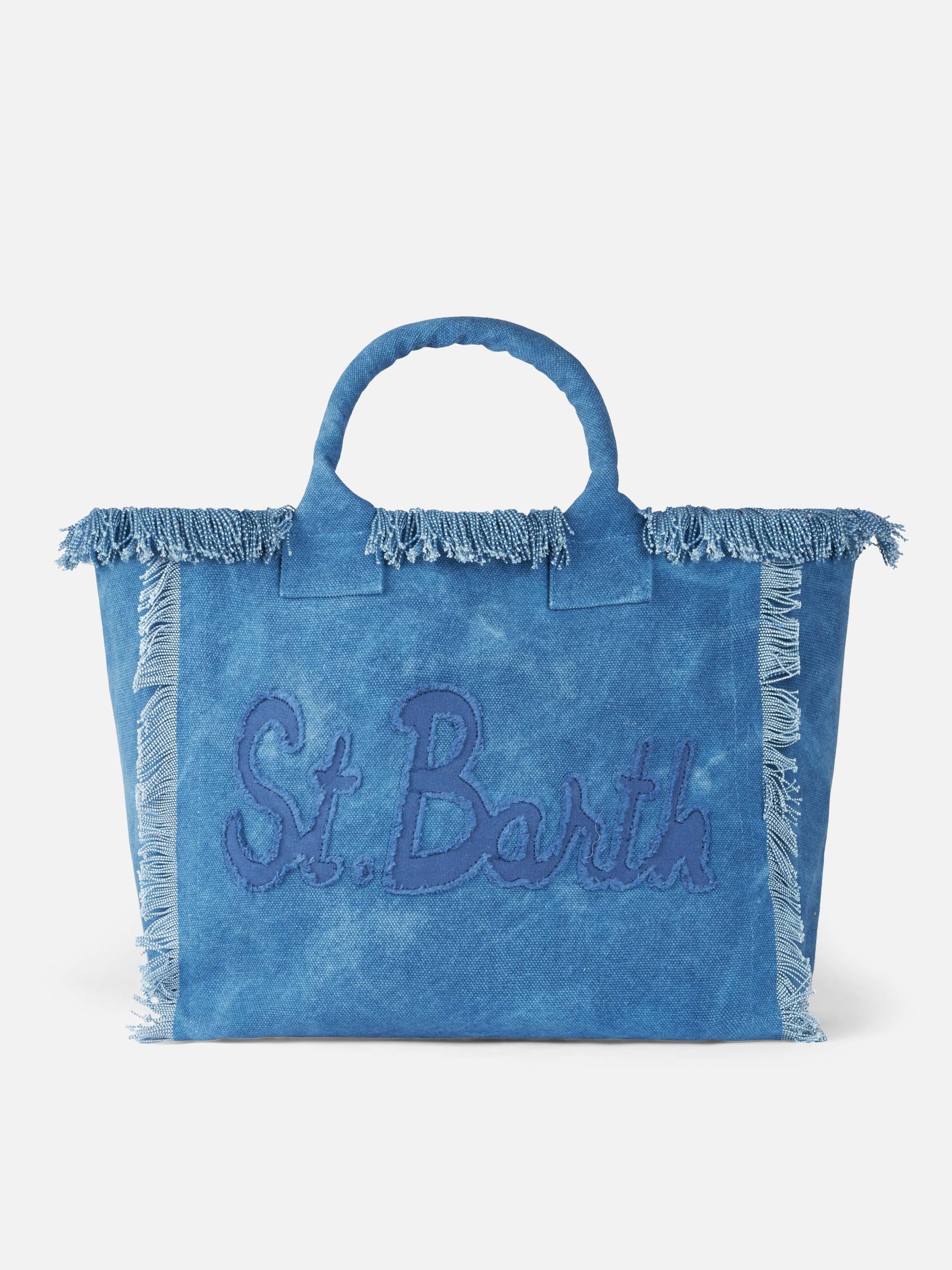 Denim Cotton Canvas Vanity Tote Bag With Logo Patch