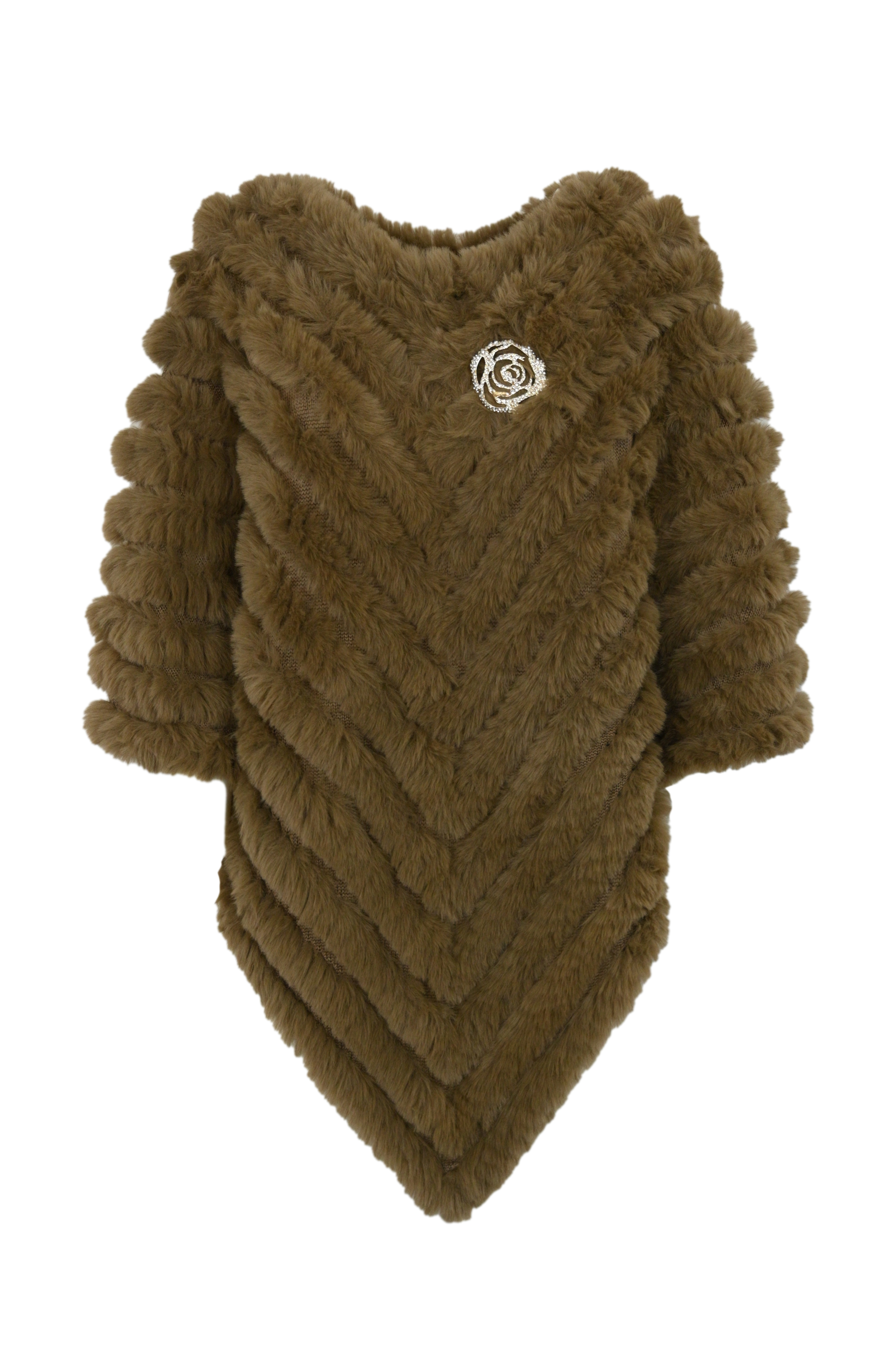 Poncho With Faux Fur Brooch