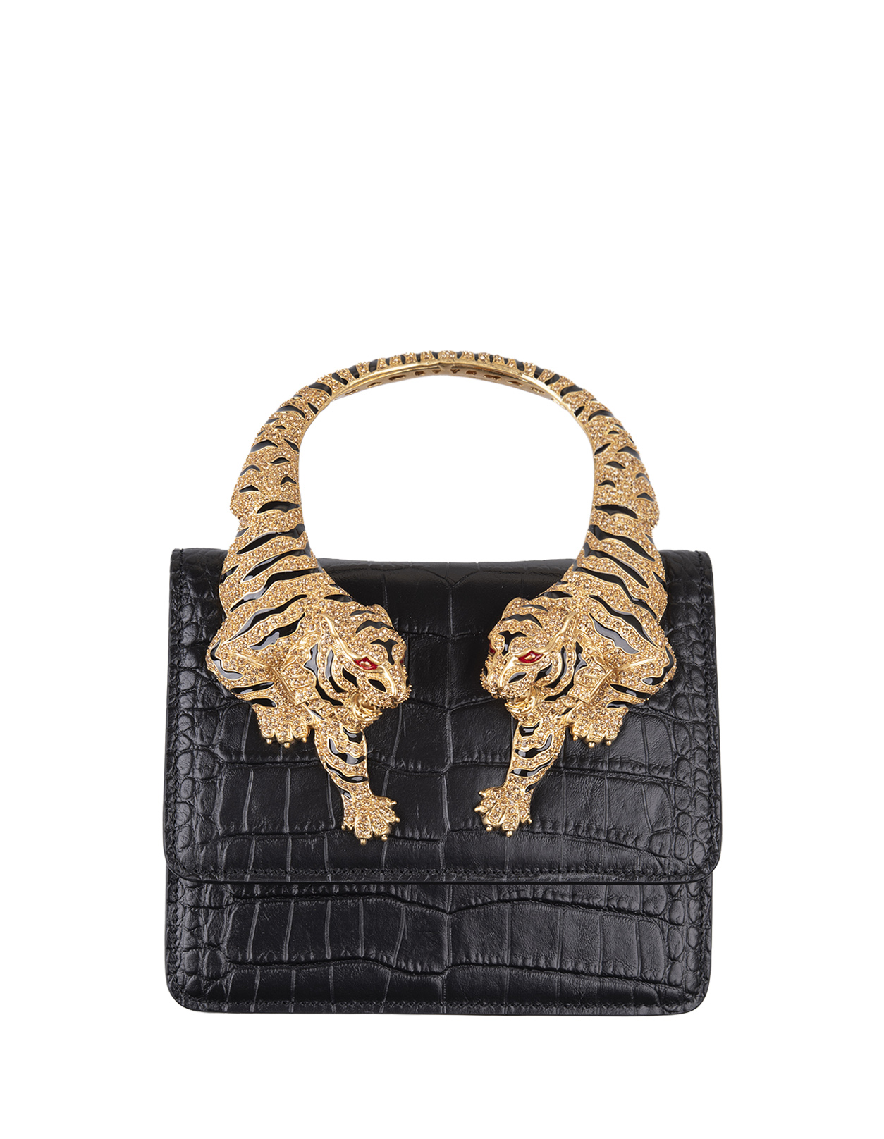 Black Medium Roar Shoulder Bag With Jewelled Tigers