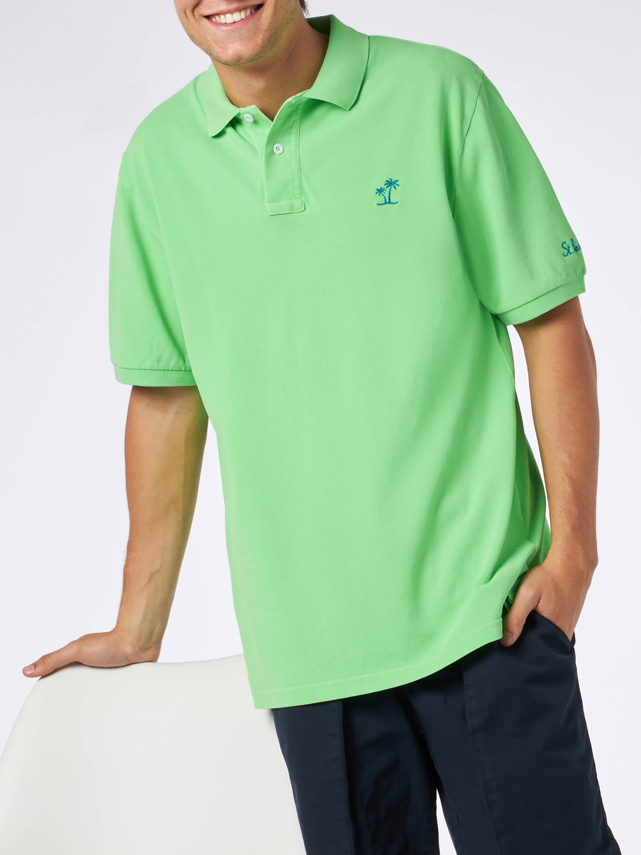 Man Fluo Green Piquet Polo With St. Barth Logo And Vintage Effect