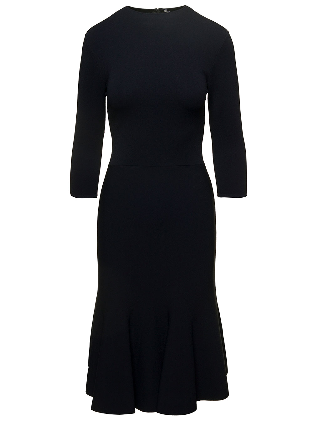 Black Midi Knit Dress With Flare Skirt In Viscose Blend Woman