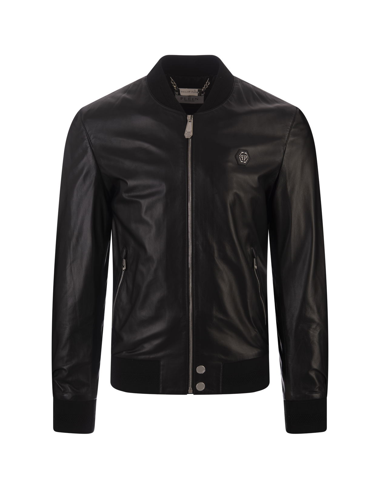 Black Leather Bomber Jacket With Pp Hexagon