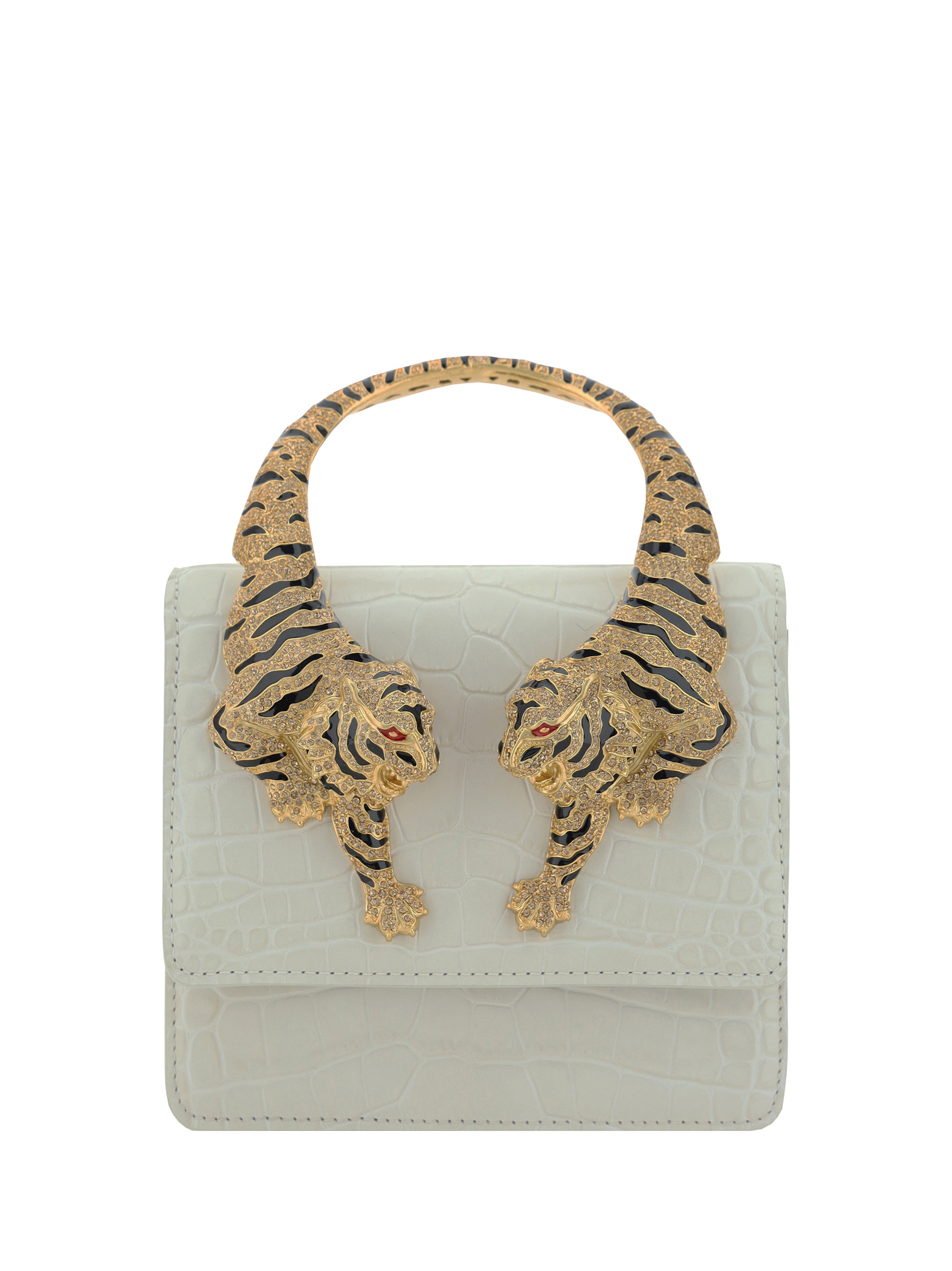 White Medium Roar Shoulder Bag With Jewelled Tigers