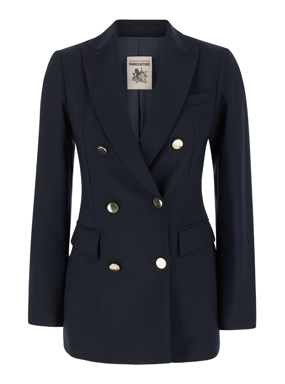 Blue Double-breasted Jacket With Golden Buttons In Wool Blend Woman