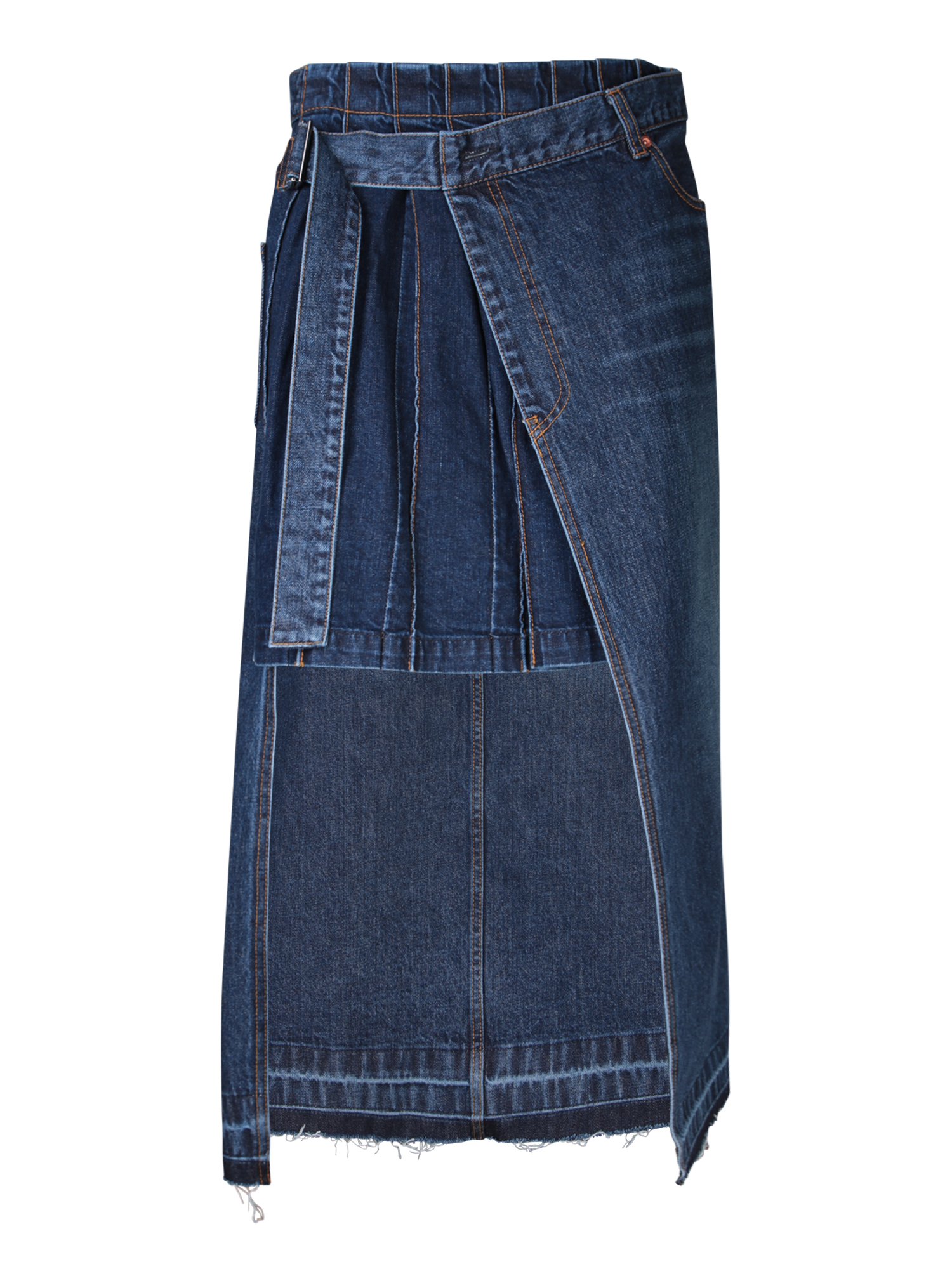 Overlapping Raw-cut Hem Denim Midi Skirt