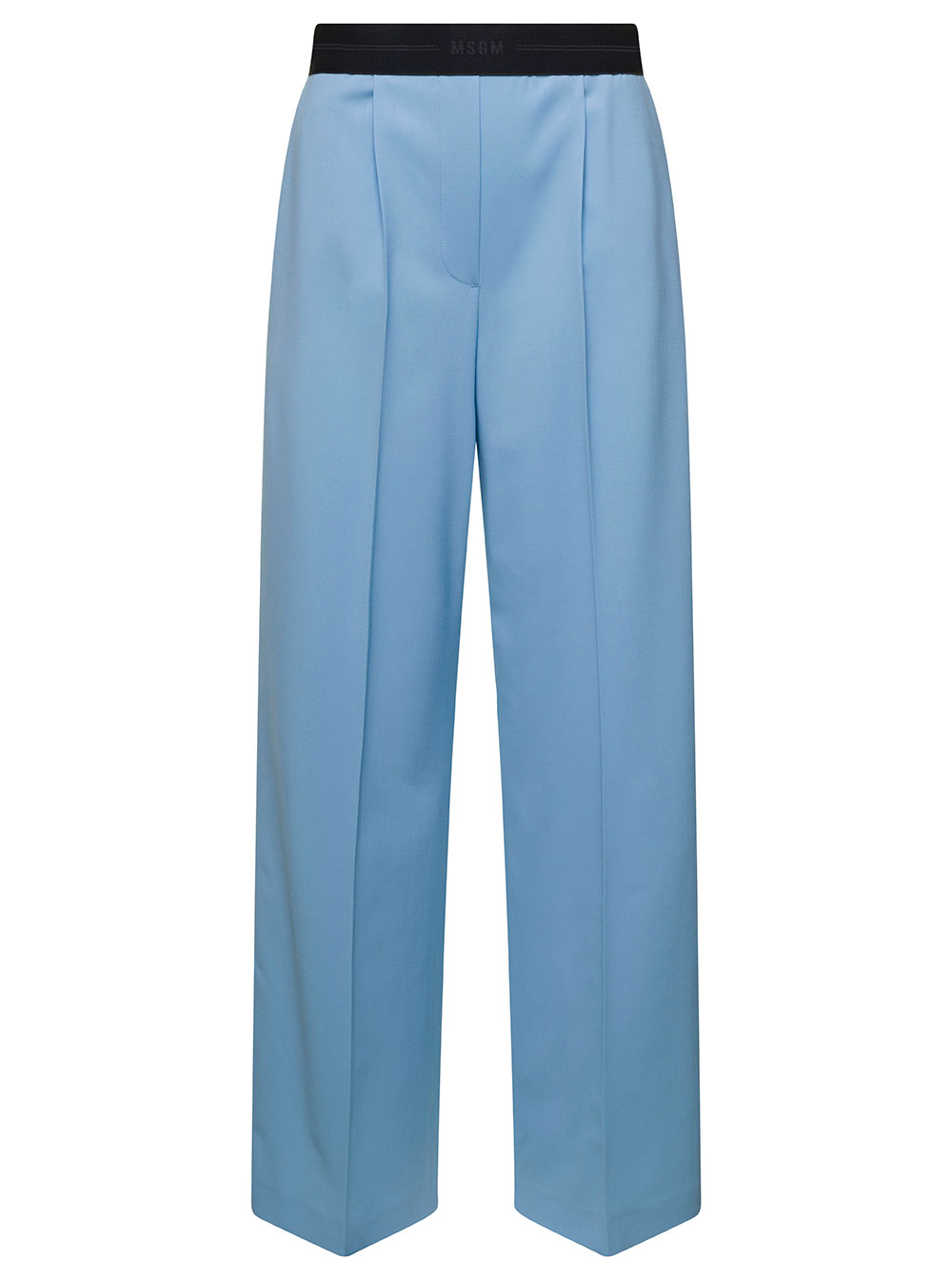 Light Blue Wide Leg Trousers With Logo Waistband In Wool Woman