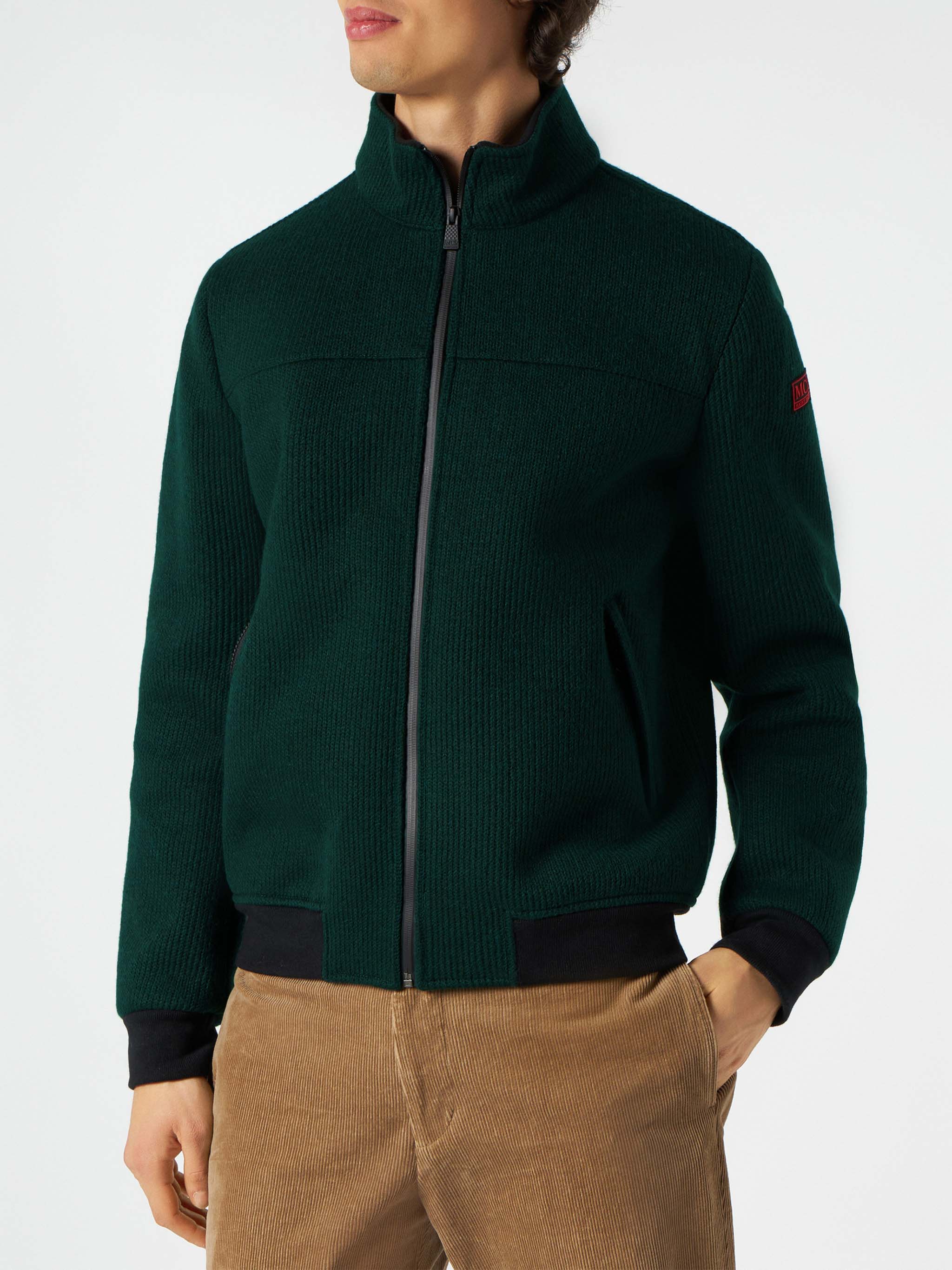 Man Knit Ribbed Green Bomber Jacket