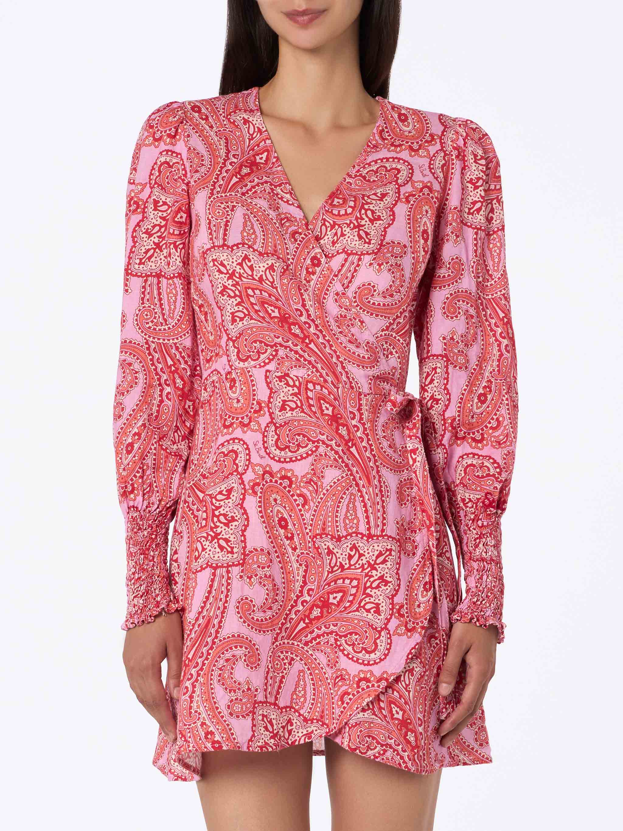 Linen Short Wrap Dress Brilly With Paisley Print