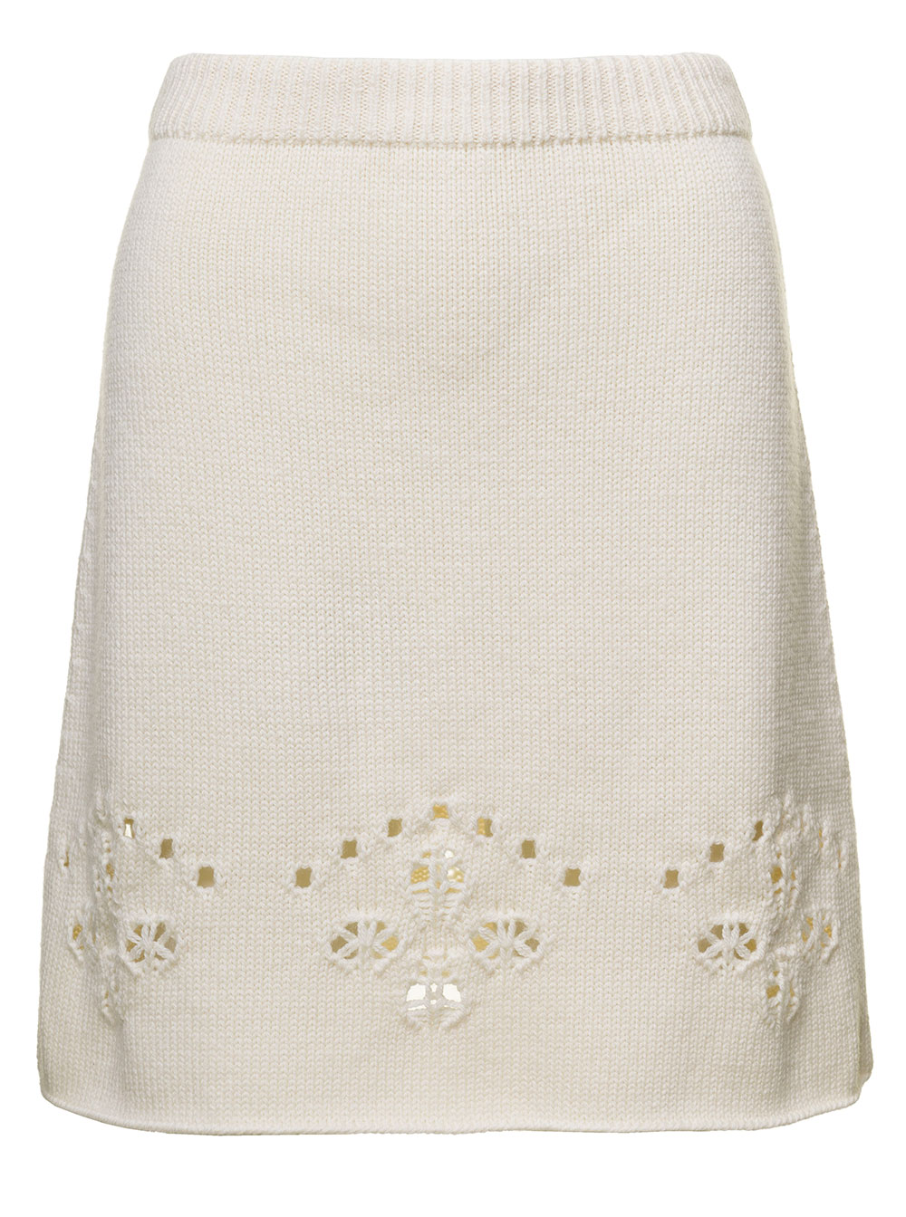 Chloé White A-line Knit Mini-skirt With Perforated Motifs In Wool Woman