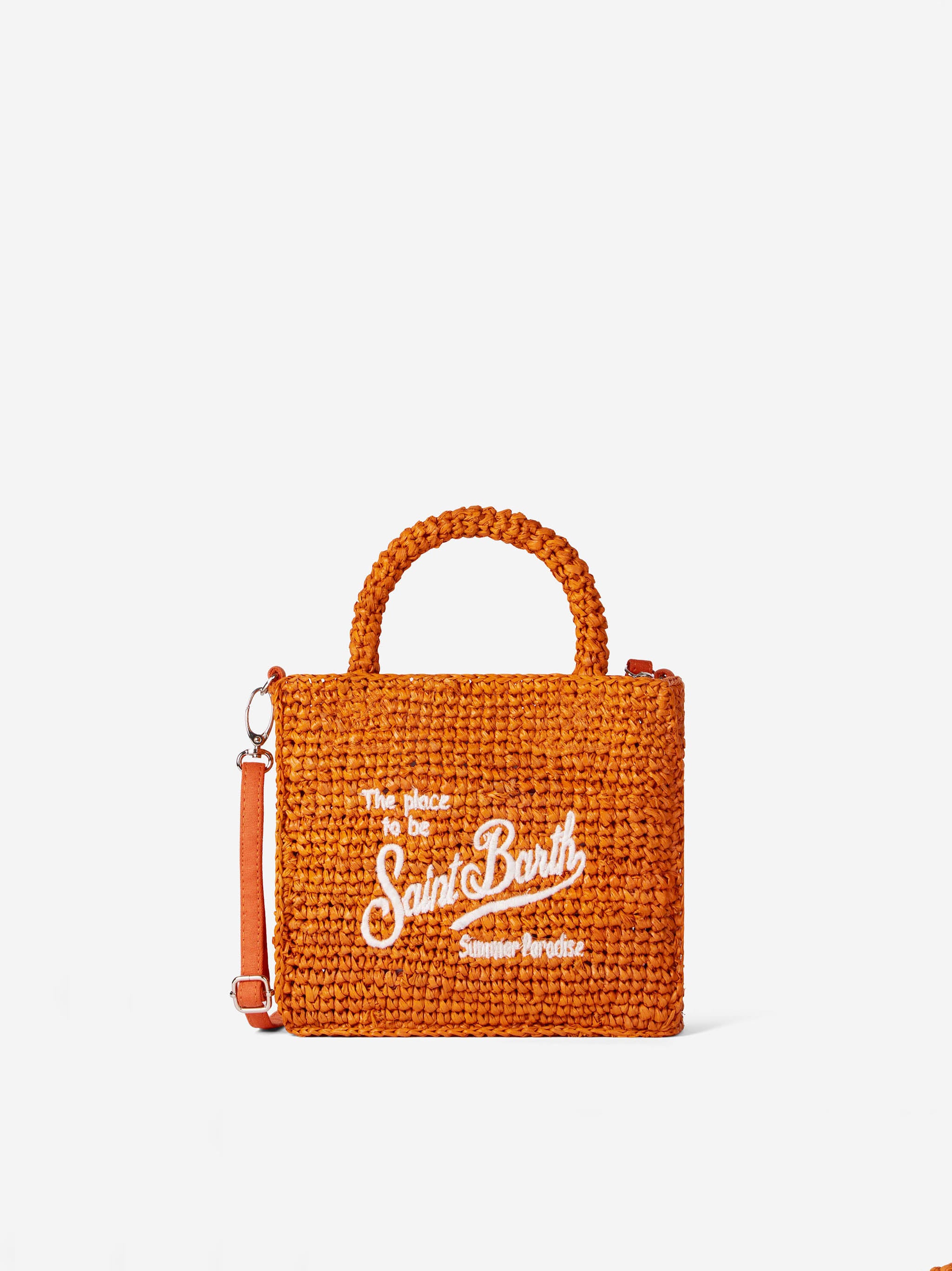 Mini Vanity Orange Raffia Bag With Front Embroidery