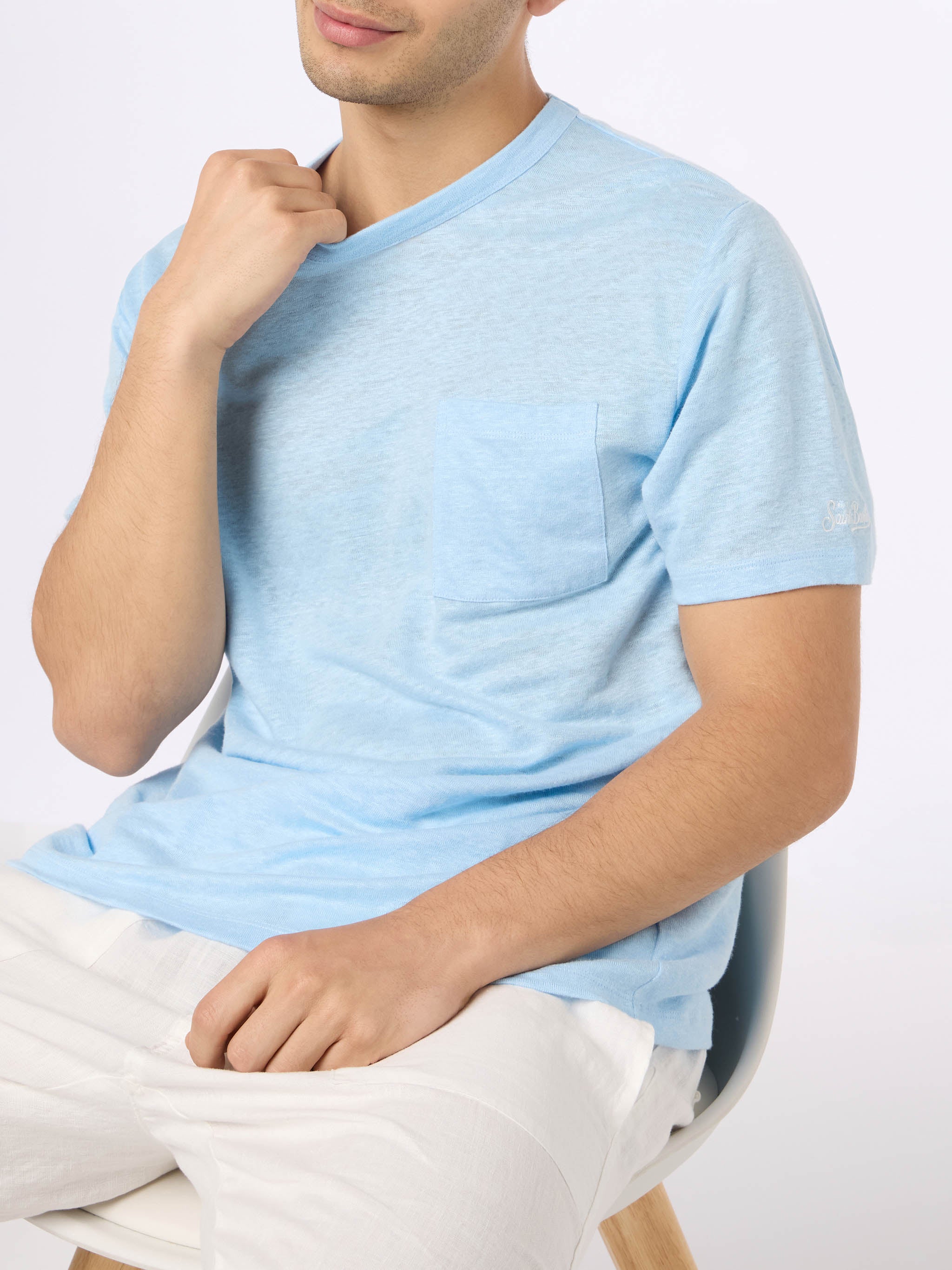 Man Light Blue Linen Jersey T-shirt Ecstasea With Pocket