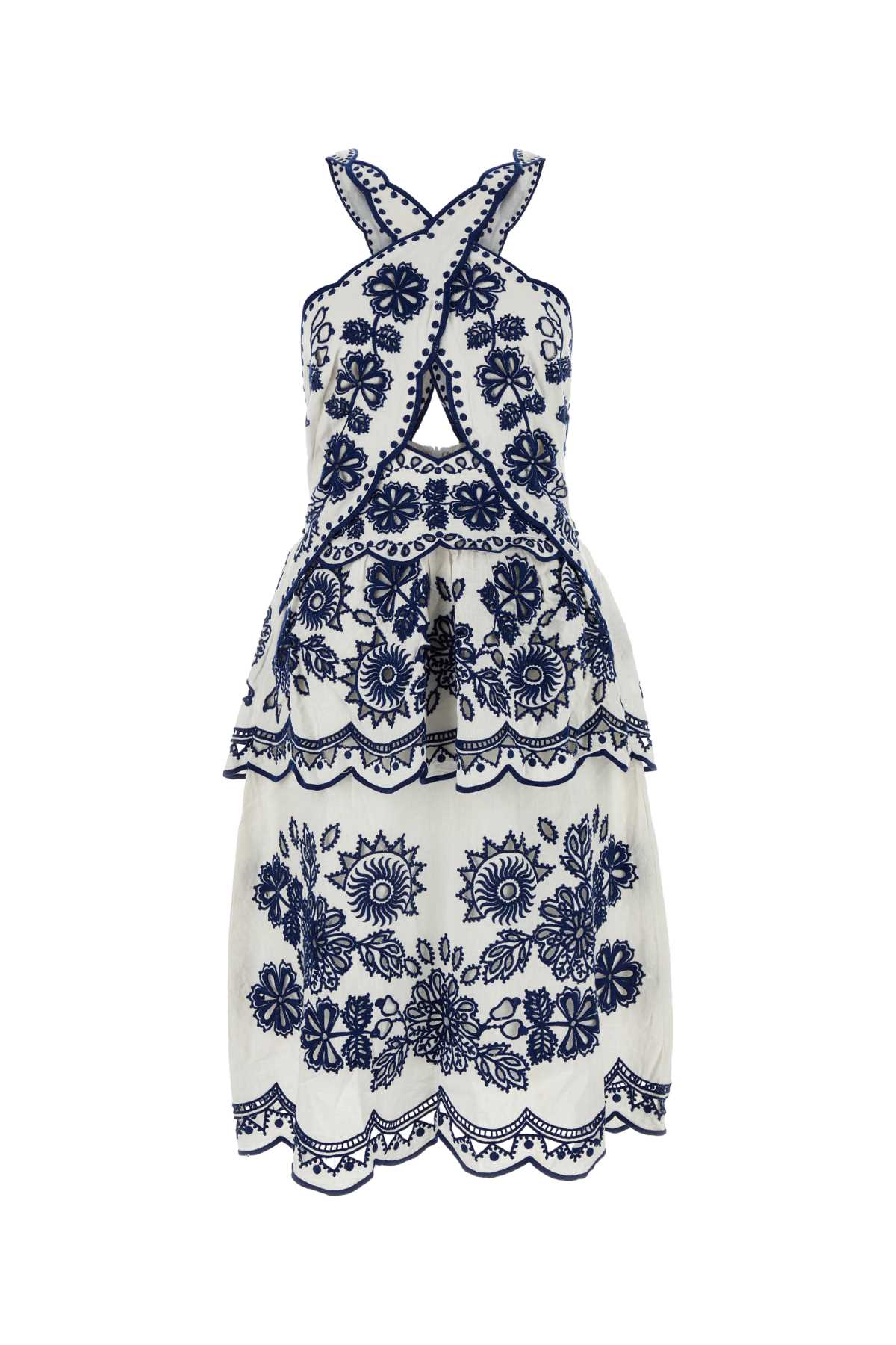 FARM RIO EMBROIDERED LINEN BLEND RICHELIEU DRESS 