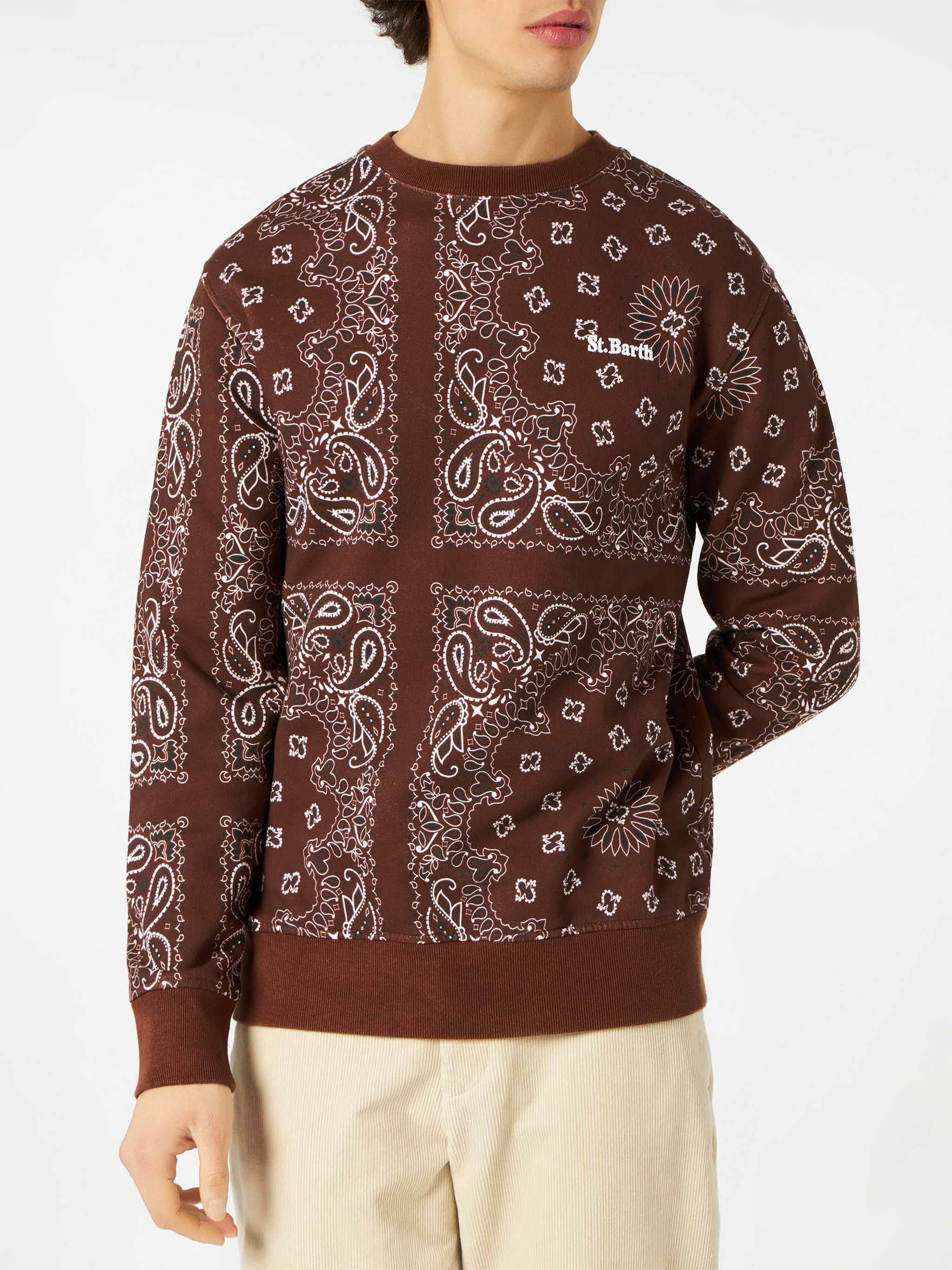 Man Crewneck Sweatshirt With Brown Bandanna Print