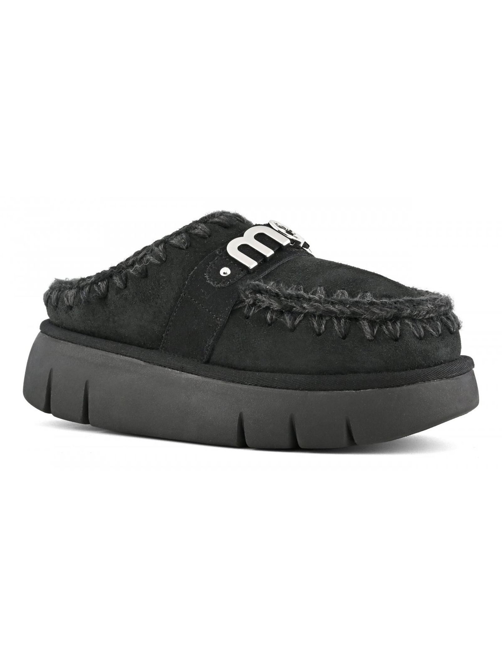 Shop Mou Black Double-face Sheepskin Bounce Clog In Bkbk Black Black