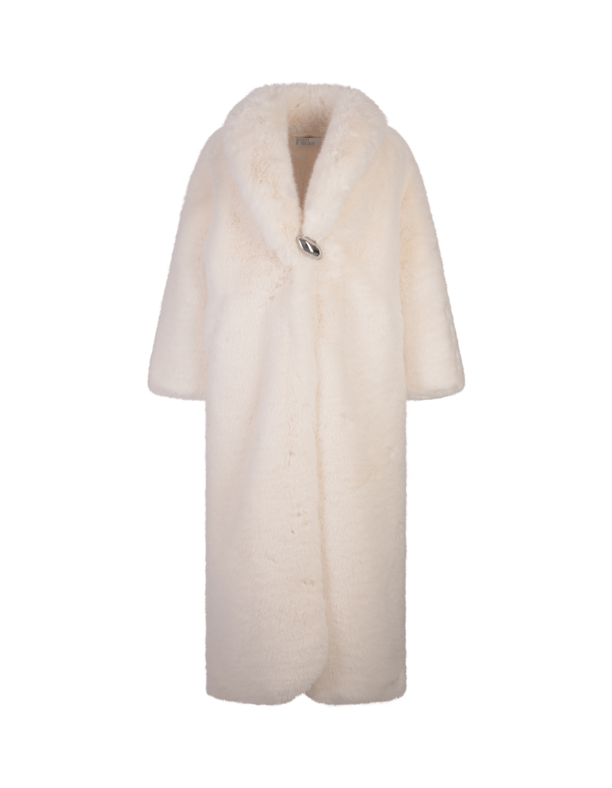 Long White Faux Fur Coat With Brooch