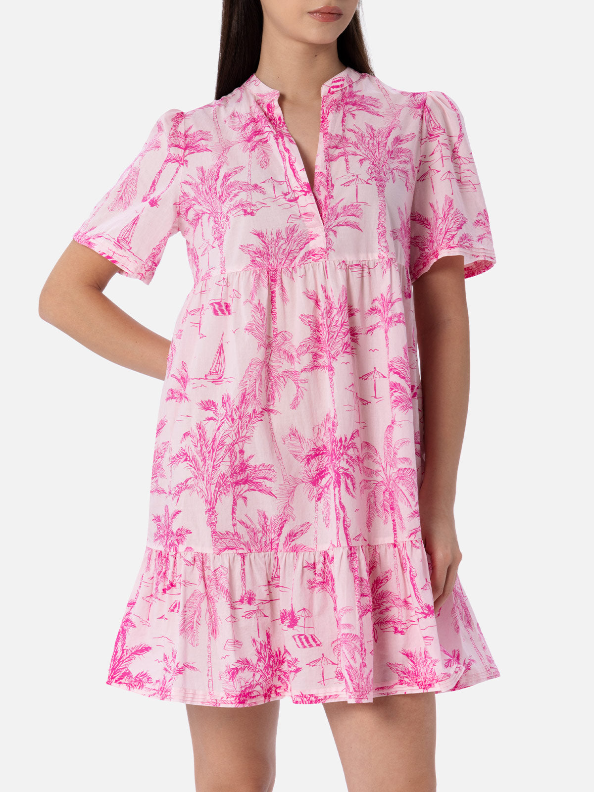 Woman Cotton Voile Short Dress Siara With Toile De Jouy Print