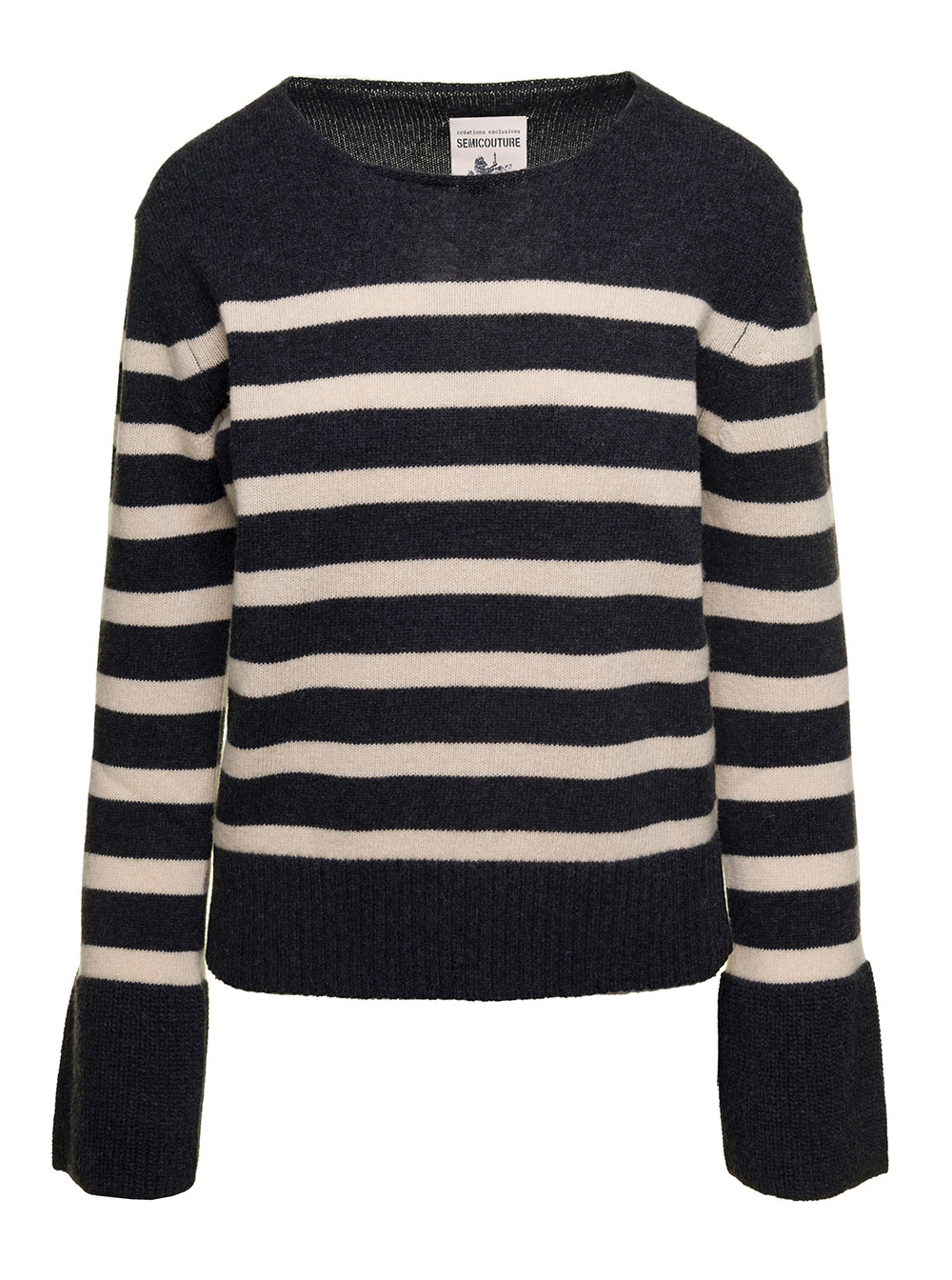 Grey Striped Sweater With Wide Crewneck And Long Sleeves In Wool Woman